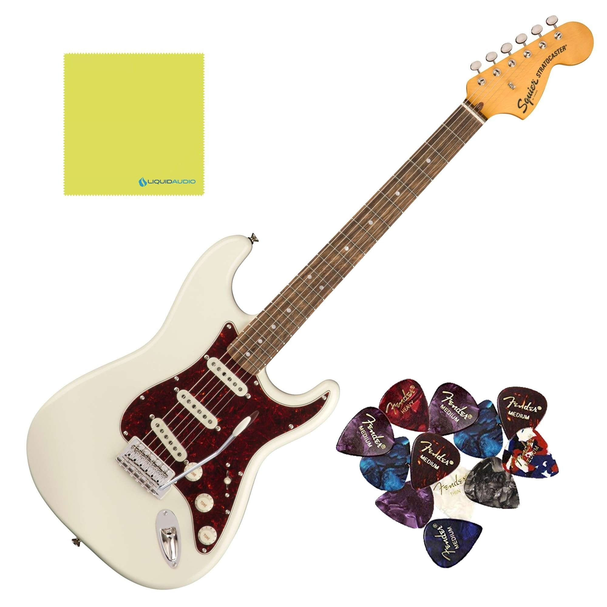 Squier Classic Vibe '70s Stratocaster, Indian Laurel Fingerboard, Olympic White - 0374020501 Bundle w/ 12-Pack Guitar Pick and Liquid Audio Polishing Cloth