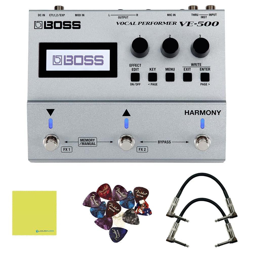 BOSS VE-500 Vocal Performer Effects Pedal Bundle with 2x 6" Patch Cables Right Angle, 12x Guitar Picks & Polishing Cloth – Vocal Multi-Effects Processor with Harmony, Reverb & Pitch Correction