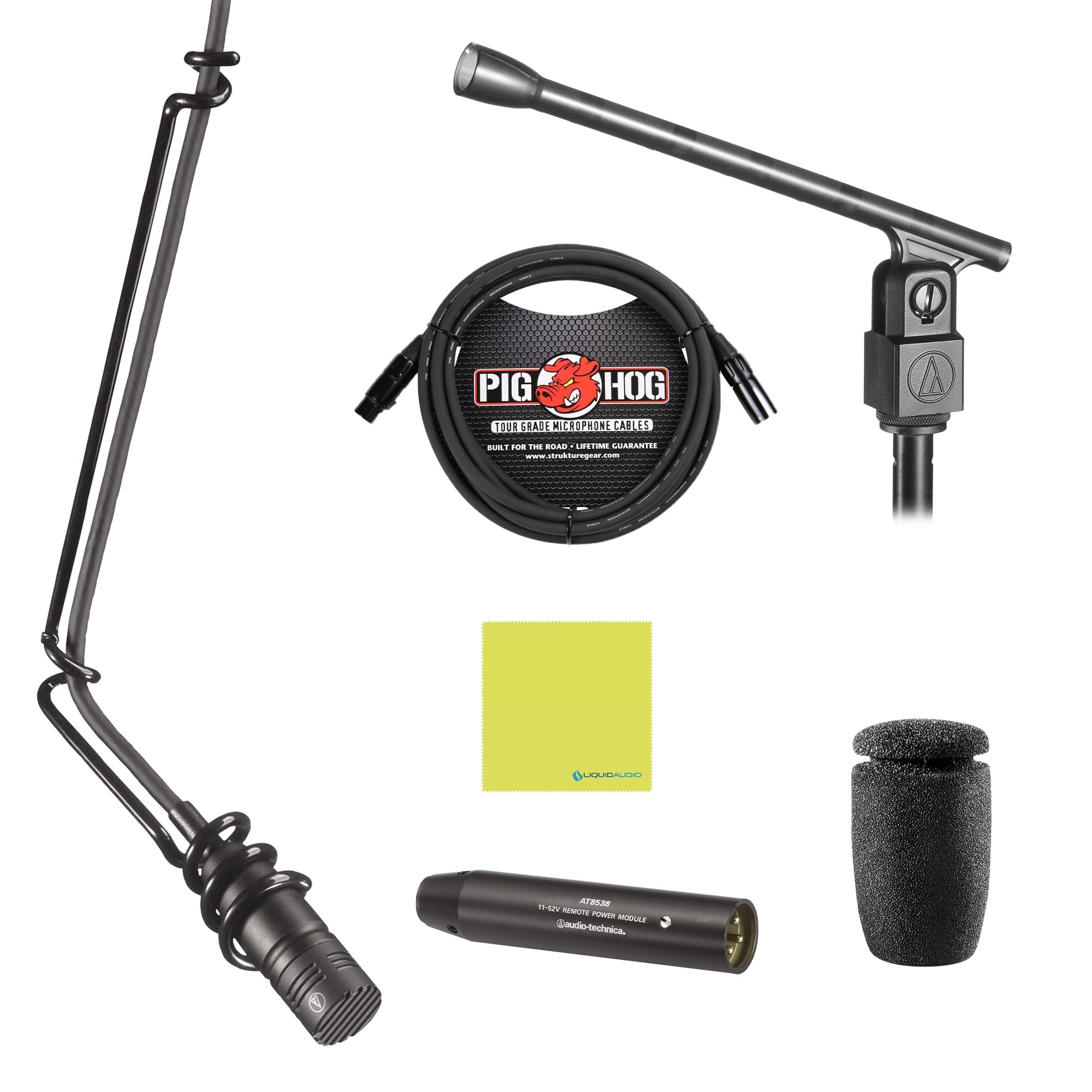Liquid Audio Audio Technica U853R Cardioid Condenser Hanging Microphone, Black Bundle w/Pig Hog PHM10 8mm XLR Mic Cable Polishing Cloth