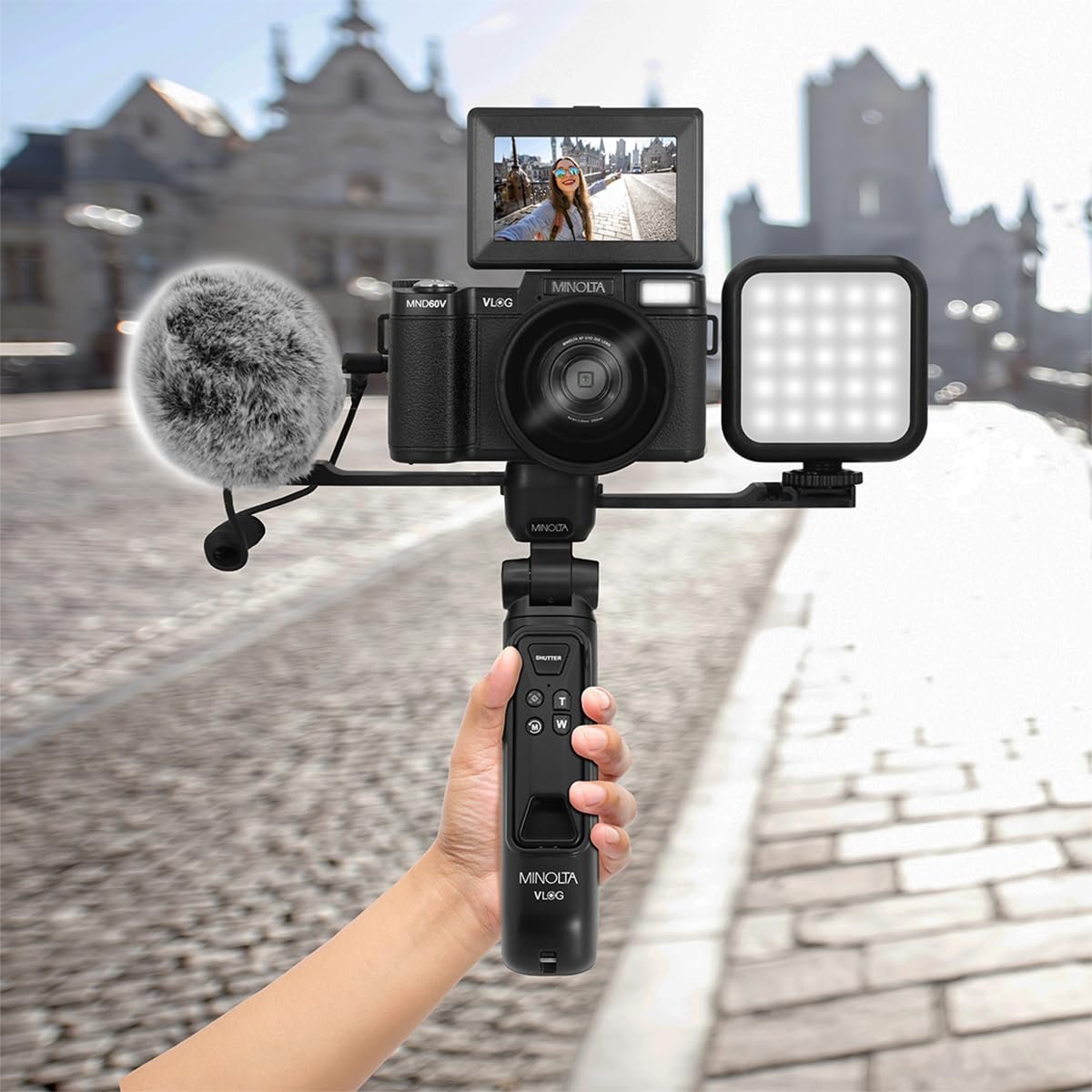Minolta 64MP 4K60FPS VLOG Camera Kit – Digital Autofocus Camcorder with Tripod, Remote, Mic, LED Light, 3-inch LCD Screen, Time-Lapse, Slow Motion, Wide Angle Lens, 32GB Card, USB