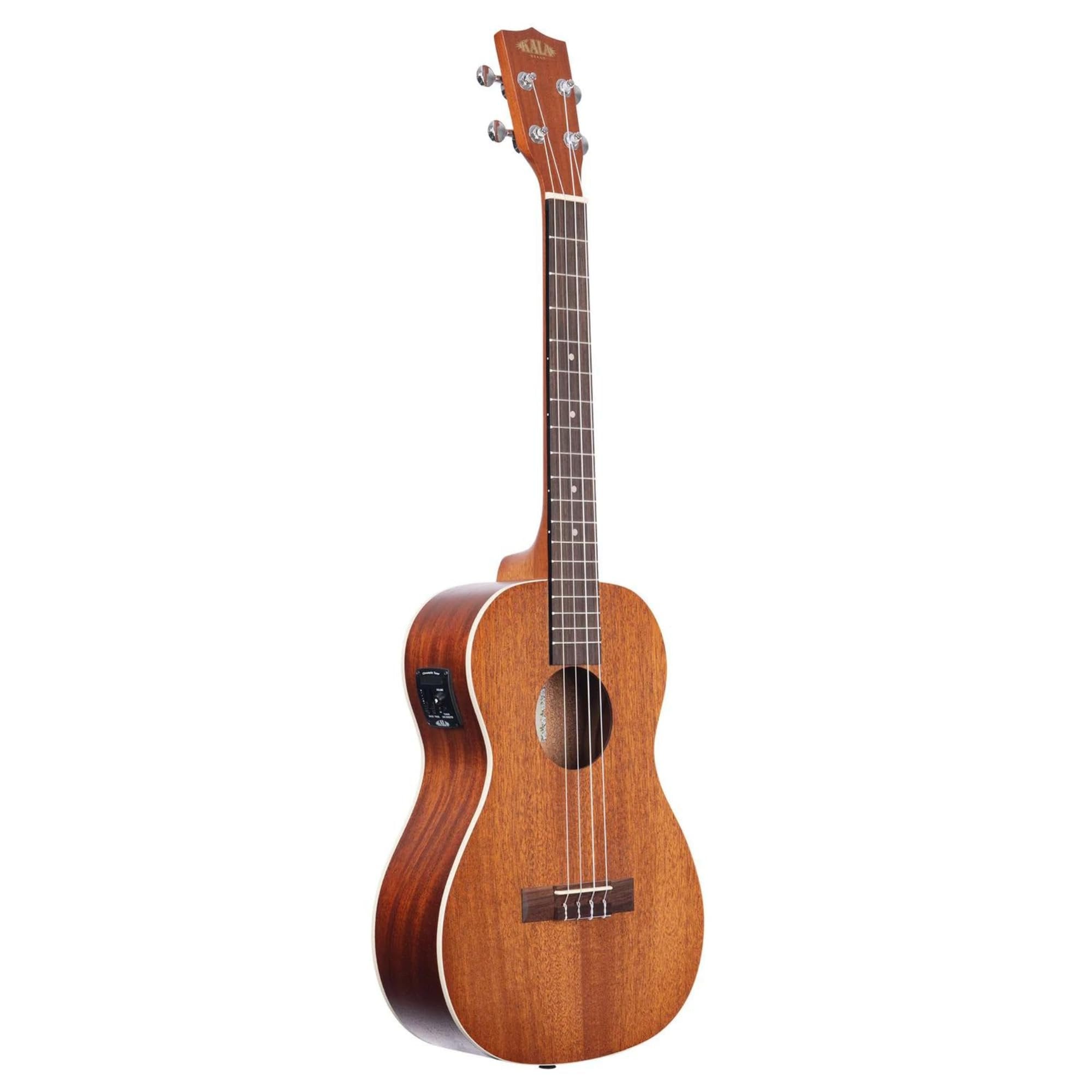 Kala KA-BE Mahogany Baritone Ukulele with EQ Bundle with KALA Klipz Blue Clip-On Tuner & Polishing Cloth – Electric-Acoustic Ukulele with Built-In EQ, Warm Tone & Chrome Die-Cast Tuners