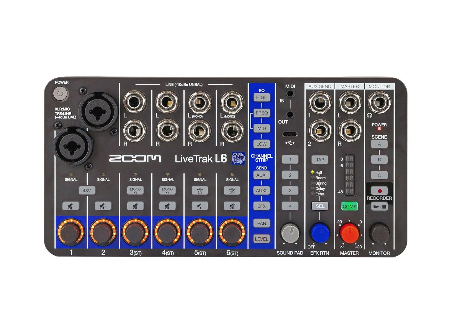 Zoom LiveTrak L6 Mixer/Recorder for Synth Players, Musicians, & Podcasters, with 10 Channels, 2 Combo + 4 Stereo Inputs, 32-Bit Float, MIDI, Effects, Battery Powered