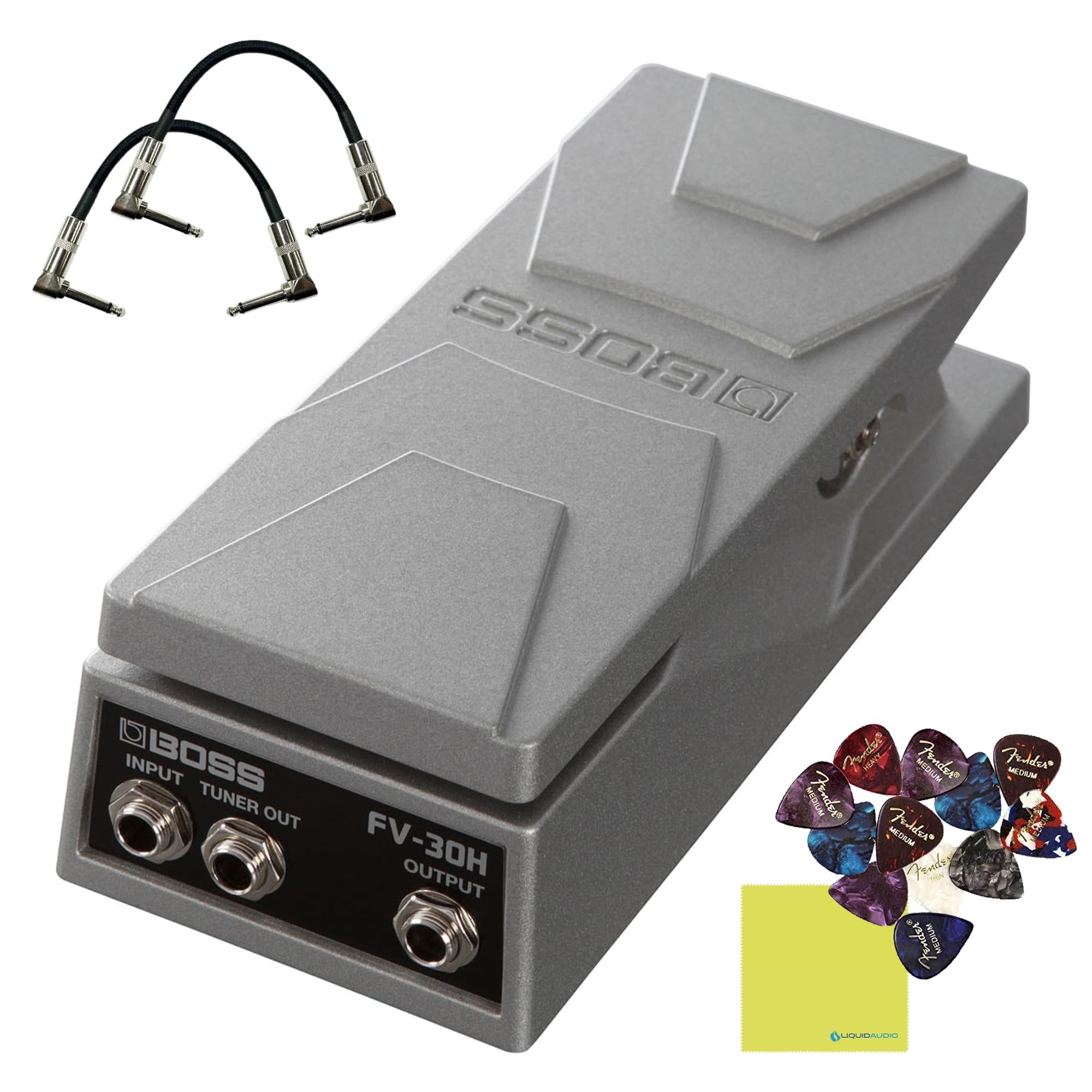 Boss FV-30H Foot Volume Pedal - Hi Z Bundle with 2x Strukture 6" Right Angle Patch Cable, 12x Guitar Picks and Instrument Polishing Cloth