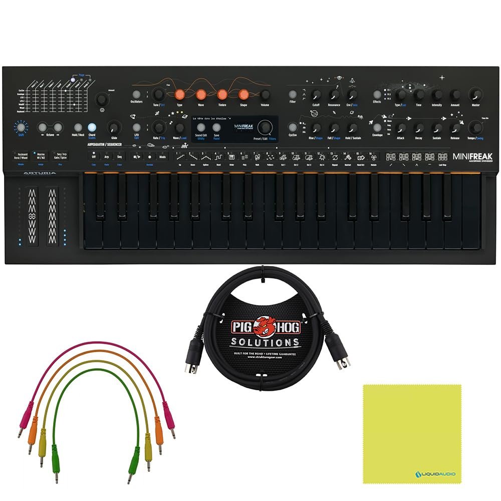 Arturia MiniFreak Stellar 37-key Synthesizer Bundle w/Pig Hog PP4X10 4 pk 10" Mono Patch Cables, Pig Hog 6ft MIDI Cable and Liquid Audio Polishing Cloth
