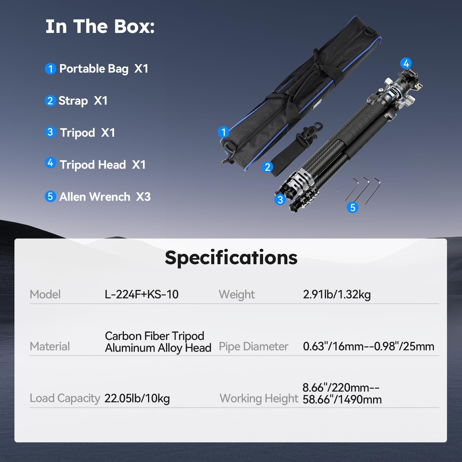 SIRUI Carbon Fiber Travel Tripod with Low Profile Ball Head, 58.6" Lightweight Compact Tripod for Cameras, Quick Mini Flip Locks, Reversible Center Column, Max Load 33lbs (L-224FL+KS-10)