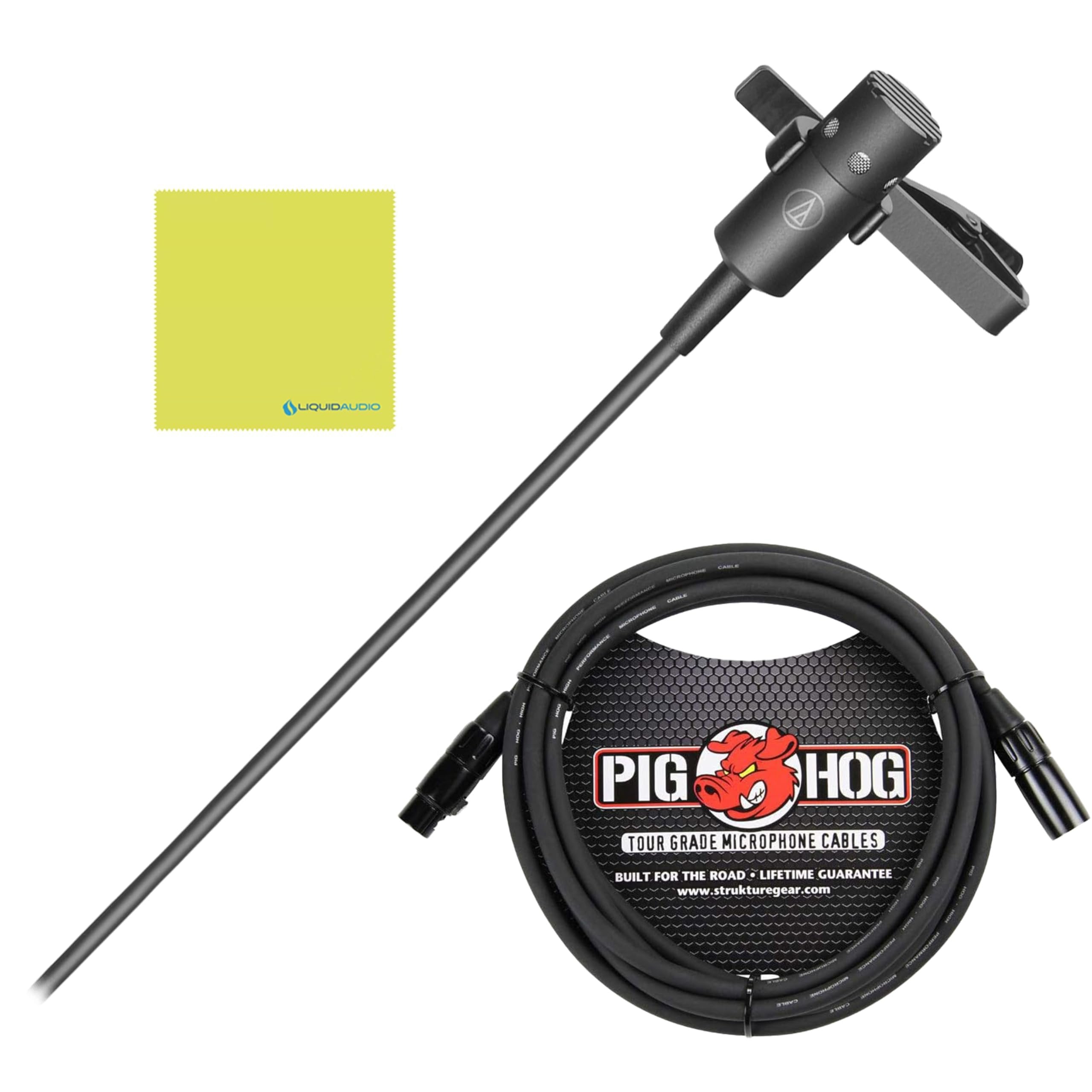Audio-Technica PRO70 Cardioid Condenser Lavalier/Instrument Microphone Bundle with 10ft XLR Pig Hog Mic Cable & Polishing Cloth – Clip-On Mic with Power Module for Voice or Acoustic Instruments