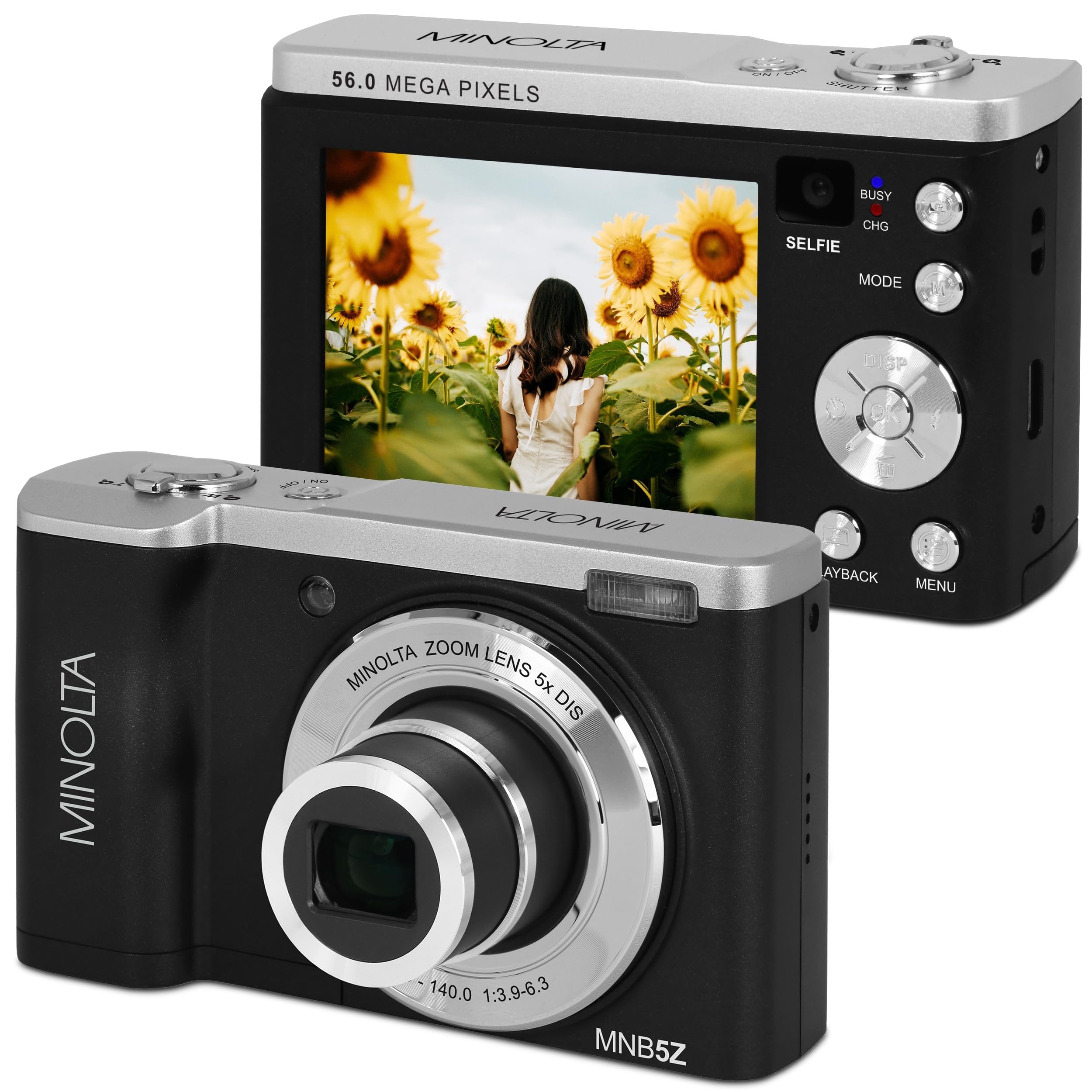 Minolta 56MP Dual Lens Digital Camera – 5X Optical Zoom, 5K Ultra HD Video, CMOS Sensor, 2.8-inch LCD Screen, Stabilization, Selfie Lens, 32GB Card, Rechargeable Battery (White)