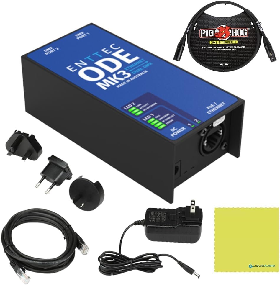 Enttec 70407 ODE MK3 Two-Universe Bidirectional DMX Ethernet Gateway Bundle w/3-Pin DMX Lighting Cable and Liquid Audio Polishing Cloth
