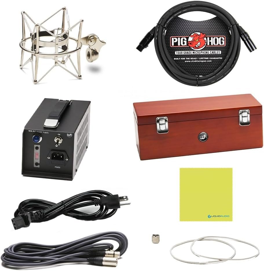 Liquid Audio Warm Audio WA-47 True '47 Style Capsule Tube Condenser Microphone Bundle w/Shock Mount, Pig Hog 8mm XLR Mic Cable Polishing Cloth