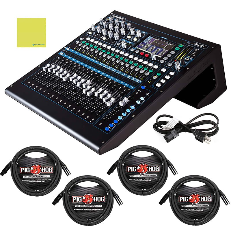 Allen &Heath AH-QU-16C Rack Mountable Compact Digital Mixer, Chrome Edition Bundle w/ 4-Pack Pig Hog PHM15 Pig Hog 8mm Mic Cable, Power Cable and Liquid Audio Polishing Cloth