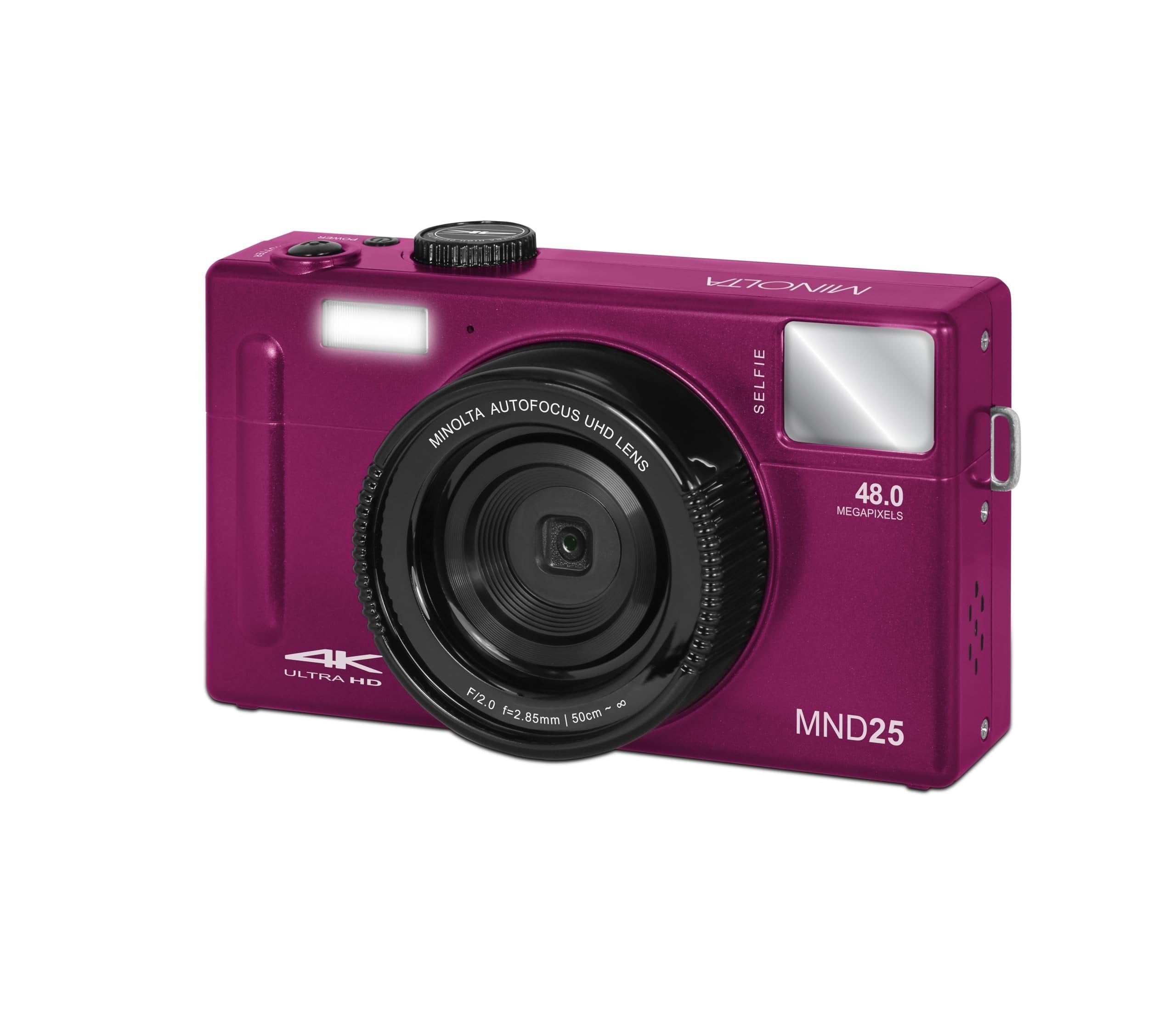Minolta 48MP Autofocus Digital Camera with Selfie Mirror – 4K Ultra HD Video, 16x Digital Zoom, 3.0” LCD, Face Detection, Smile Capture, Scene Modes, Rechargeable Battery, Memory Card (Magenta)