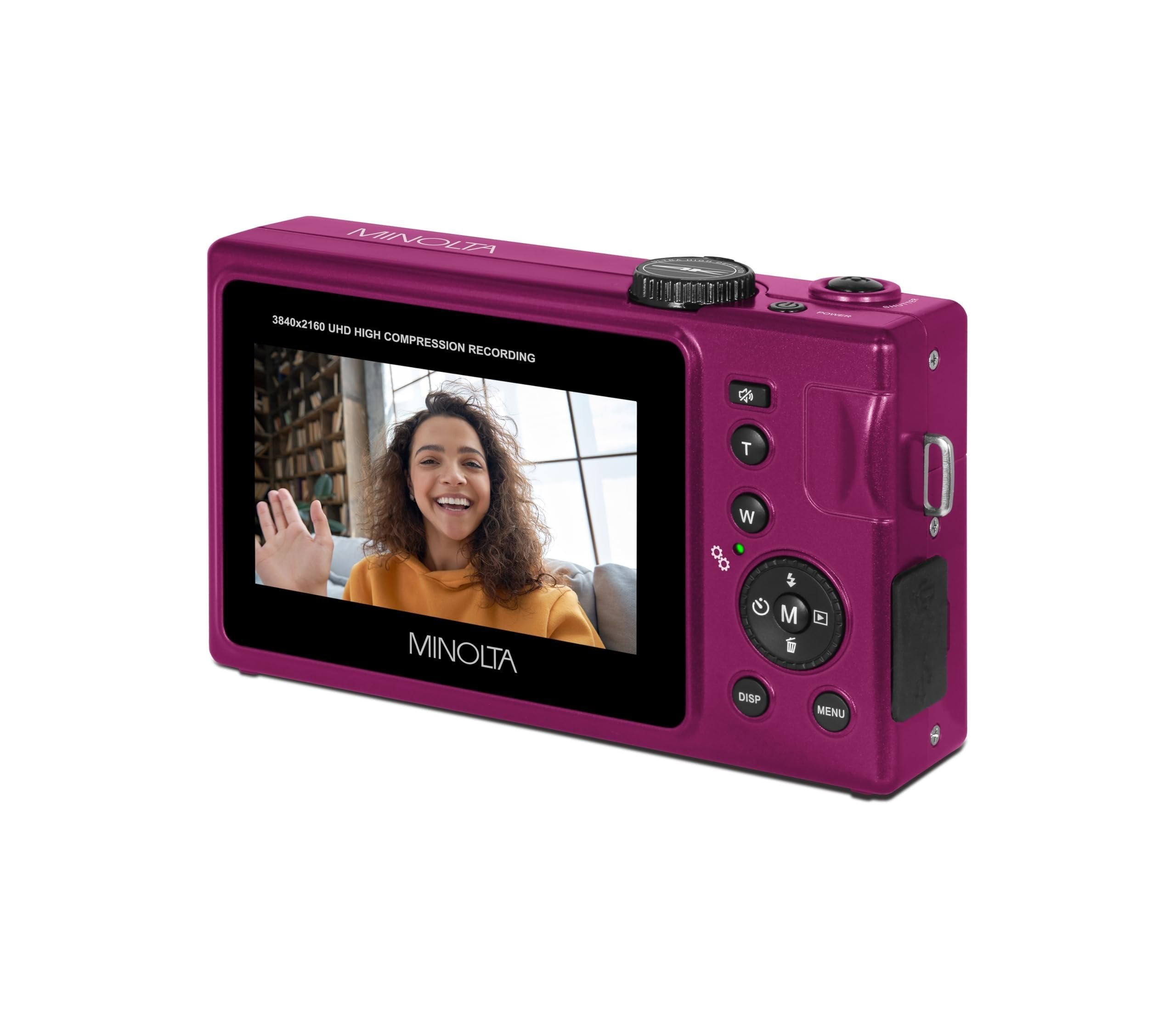 Minolta 48MP Autofocus Digital Camera with Selfie Mirror – 4K Ultra HD Video, 16x Digital Zoom, 3.0” LCD, Face Detection, Smile Capture, Scene Modes, Rechargeable Battery, Memory Card (Magenta)