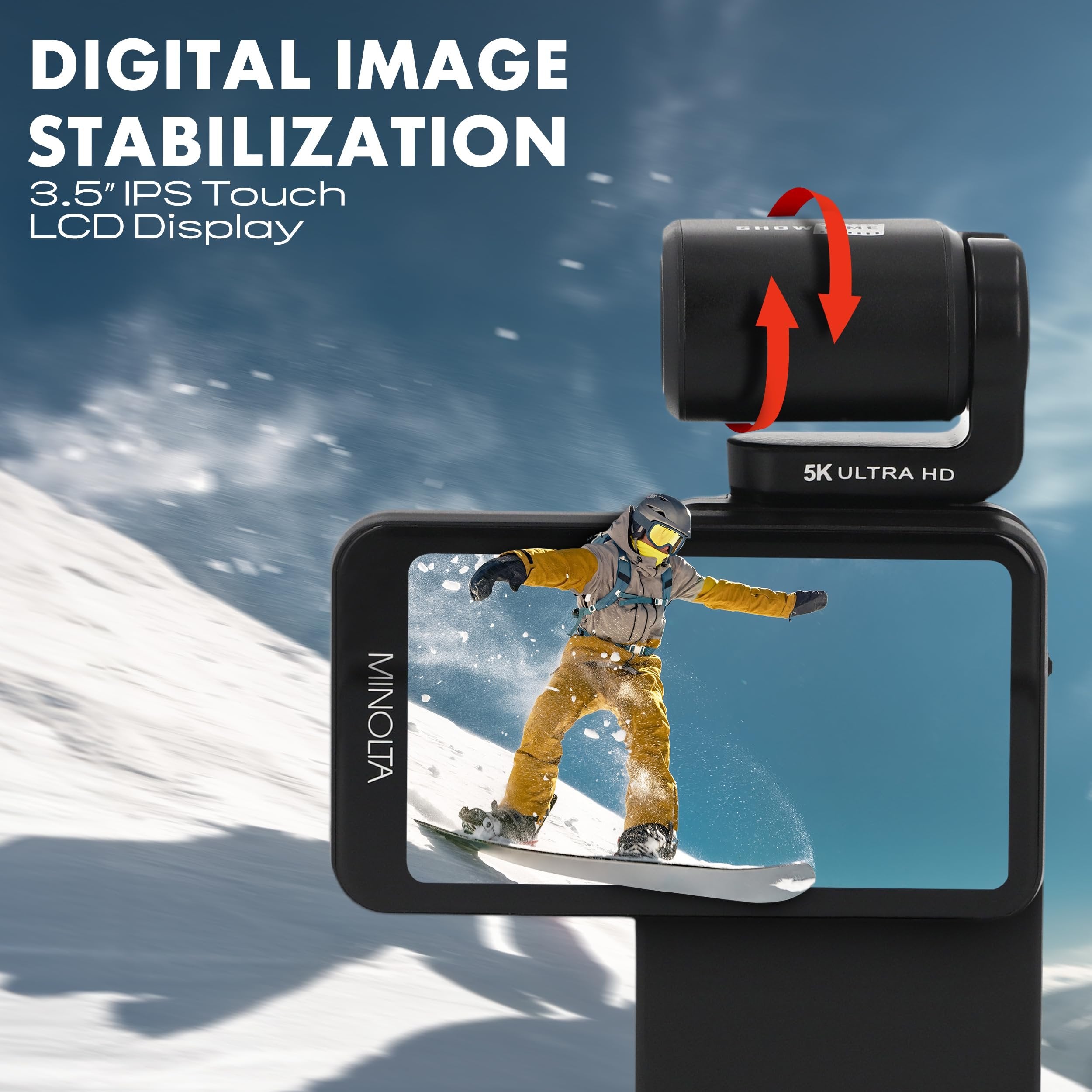 Minolta Pocket Camcorder – 5K Ultra HD Video, 4K at 60fps, 20MP Photos, Night Vision, Motorized 180° Tilting Lens, 3.5” Touchscreen, Wi-Fi, App Control, Infrared Sensor, Compact, Gimbal-Style