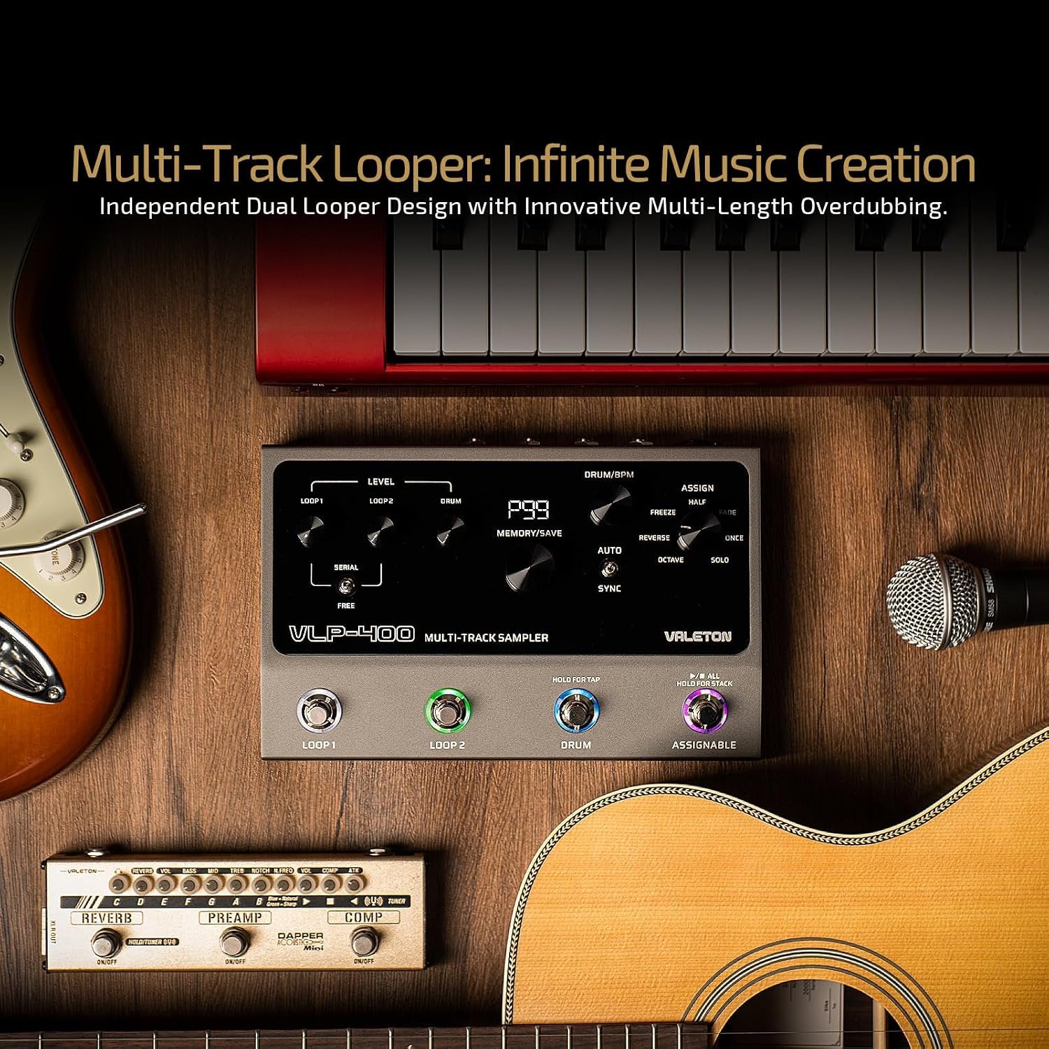 VALETON Guitar Loop Station Looper Pedal with 100-Stereo Drum Machine, 7 Customizable Effects, Assignable Knobs & Footswitches, USB Connectivity for Windows/Mac VLP-400 (Incl 1 PCS 15 CM TS Cable)