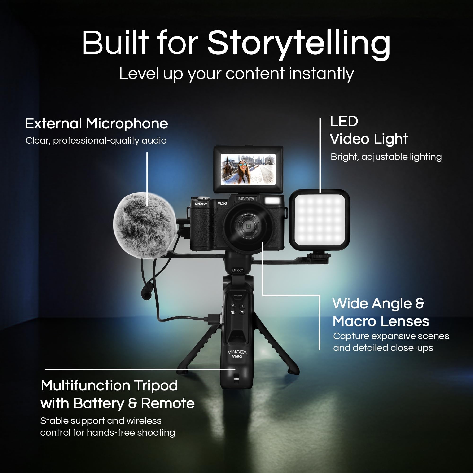 Minolta 64MP 4K60FPS VLOG Camera Kit – Digital Autofocus Camcorder with Tripod, Remote, Mic, LED Light, 3-inch LCD Screen, Time-Lapse, Slow Motion, Wide Angle Lens, 32GB Card, USB