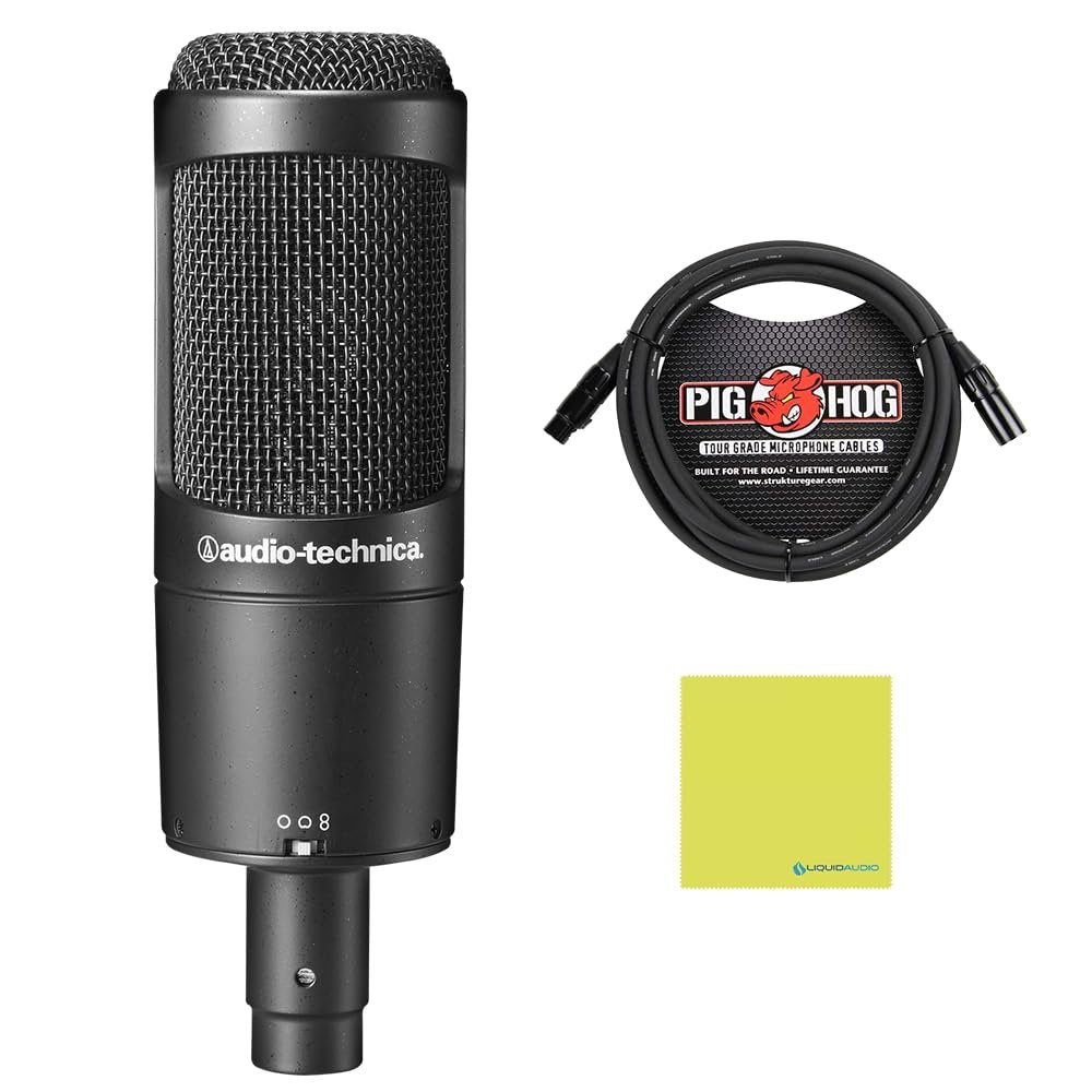 Audio Technica AT2050 Multi-Pattern Condenser Microphone Bundle with 10ft XLR Pig Hog Mic Cable & Polishing Cloth – Cardioid, Omni & Figure-8 Modes for Studio Vocals, Instruments, Voice