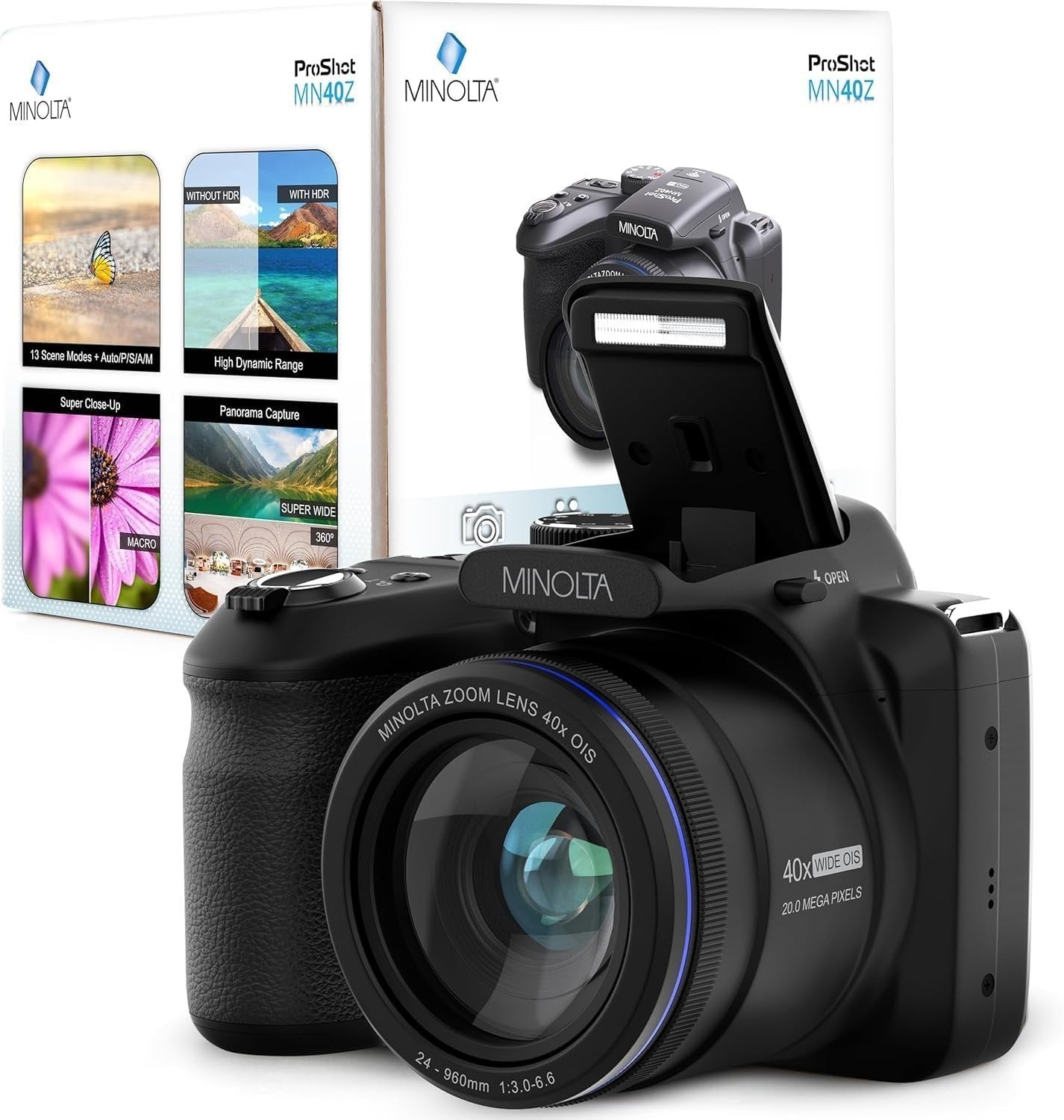 Minolta MN40Z 20MP Digital Camera – 40x Optical Zoom, 1080p FHD Video, 3.0" LCD, Wi-Fi, Face/Smile/Blink Detection – Black