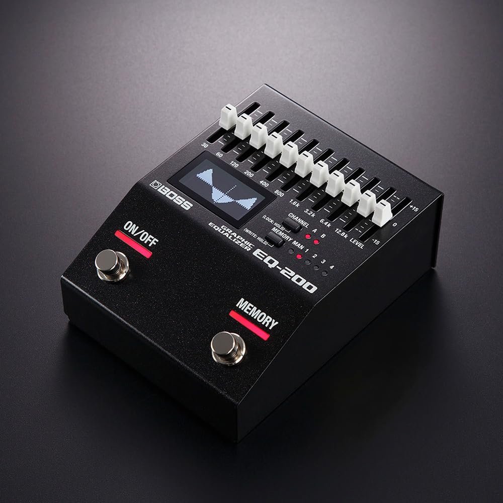 BOSS EQ-200 Graphic Equalizer Pedal Bundle with 2x 6" Right Angle Patch Cables, 12 Guitar Picks & Polishing Cloth – Dual-Channel 10-Band EQ with Memory, Stereo I/O & Graphic Display