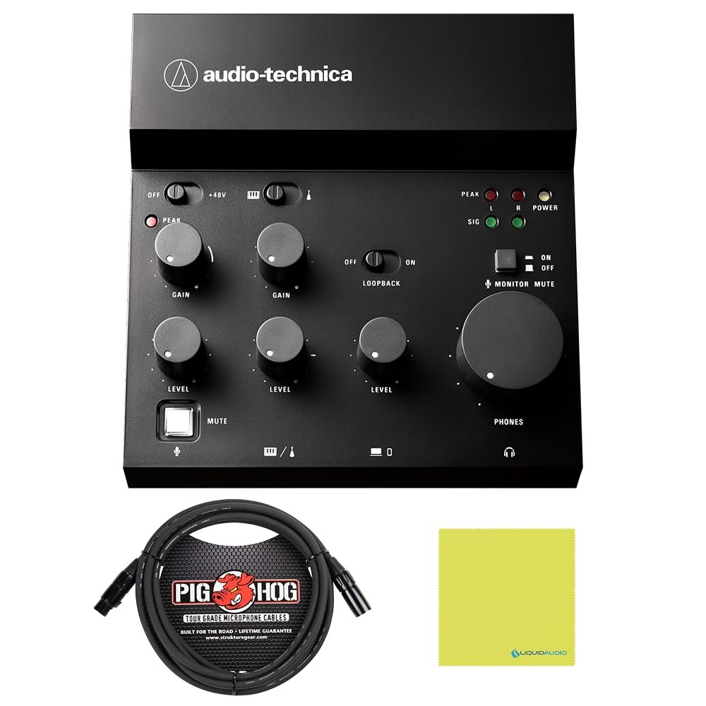 Audio-Technica AT-UMX3 Live Streaming USB Audio Mixer Bundle with 10ft Pig Hog XLR Microphone Cable & Polishing Cloth – 3-Channel Mixer with USB-C, Bluetooth, Loopback & FX for Streaming & Recording