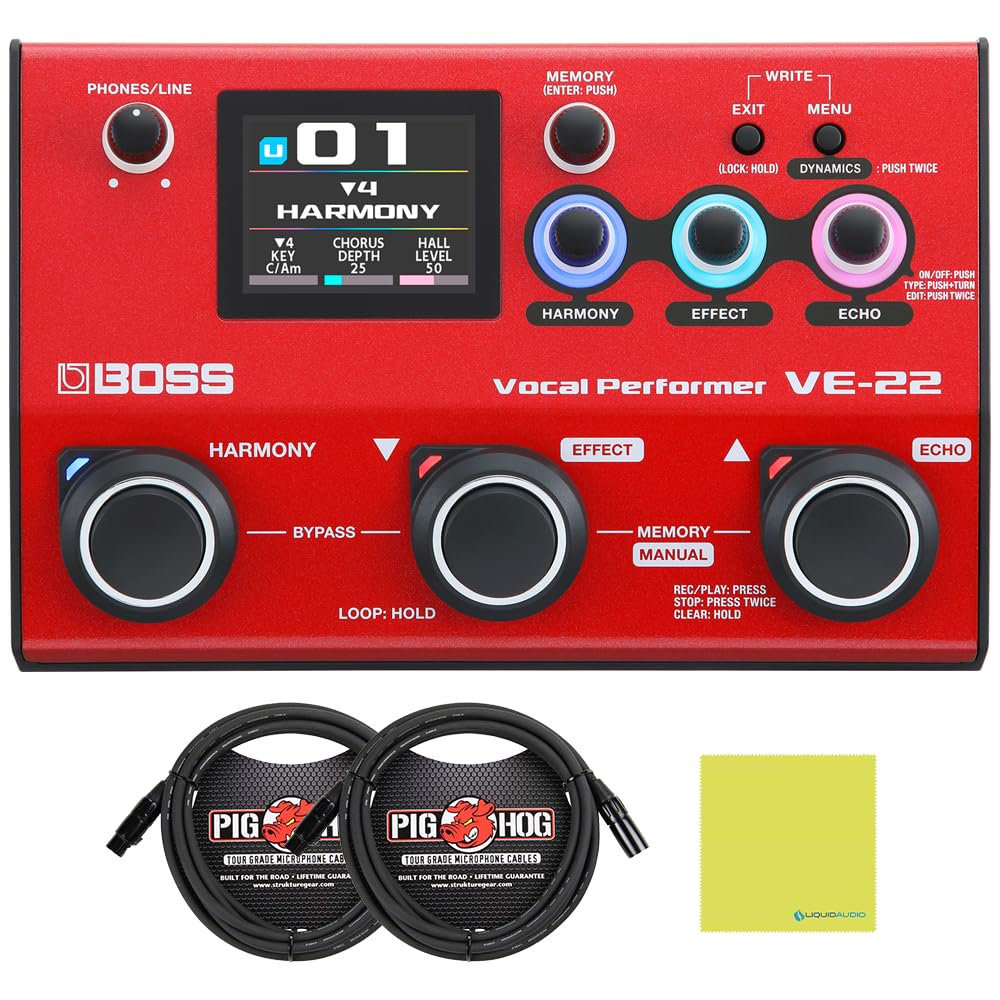 Boss VE-22 Vocal Effects and Looper Pedal Bundle with 2x Pig Hog 10ft XLR Tour Grade Microphone Cables & Polishing Cloth – Harmony, Reverb, Delay, and 80-Second Stereo Looper