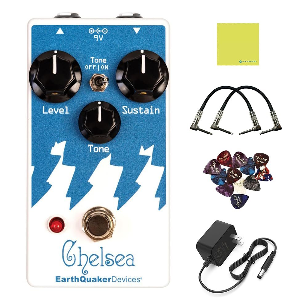 EarthQuaker Devices Chelsea Low End Fuzz Driver Pedal Bundle with 2x Right Angle Patch Cables, 9V Power Adapter, 12x Guitar Picks & Polishing Cloth – Bass-Optimized Distortion with Massive Low End