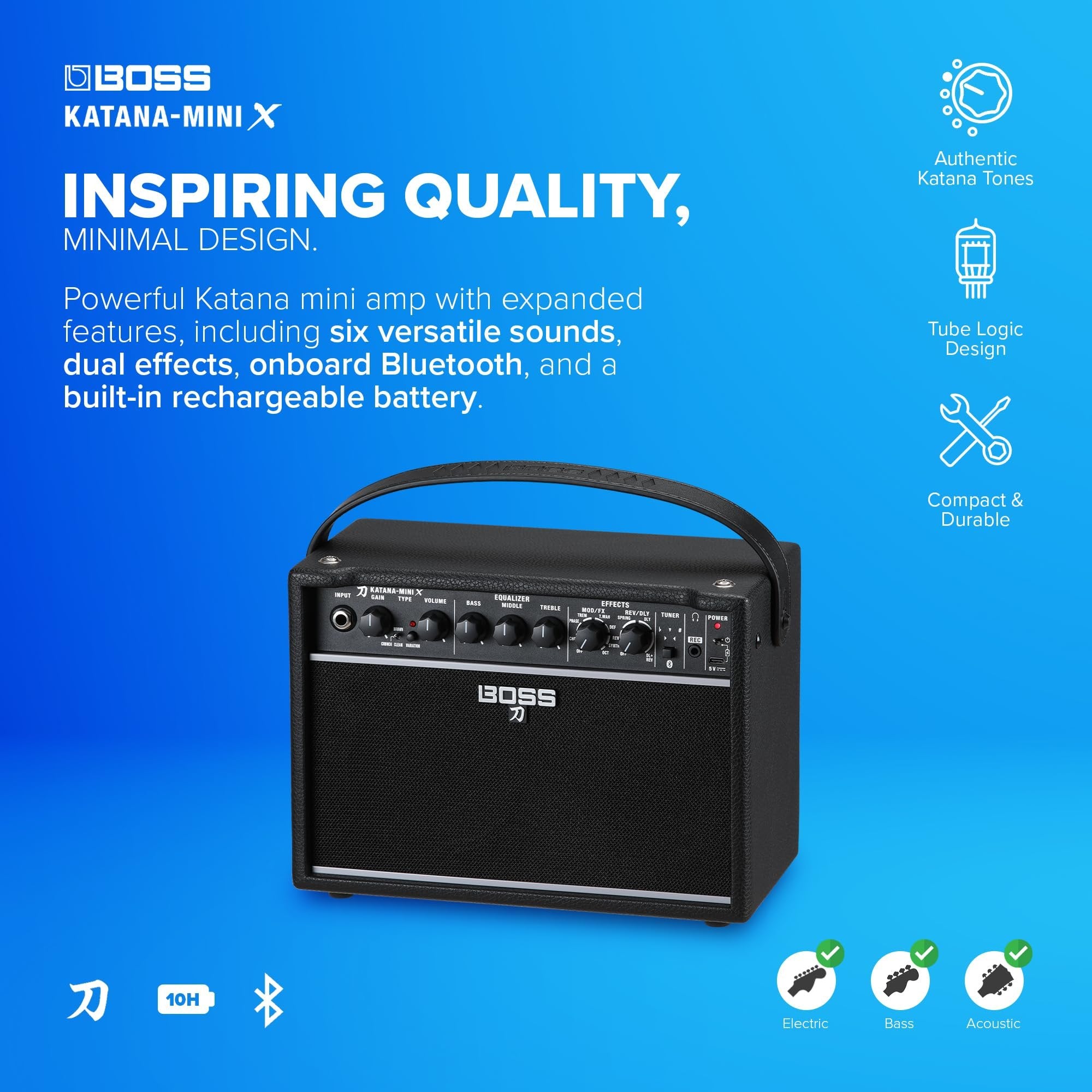 BOSS Katana-Mini X | Powerful 10-Watt Mini Amplifier for Electric, Acoustic & Bass | Tube Logic Design | Custom 5” Speaker | Versatile Sounds & Dual Effects | Bluetooth | Built-in Rechargeable Battery