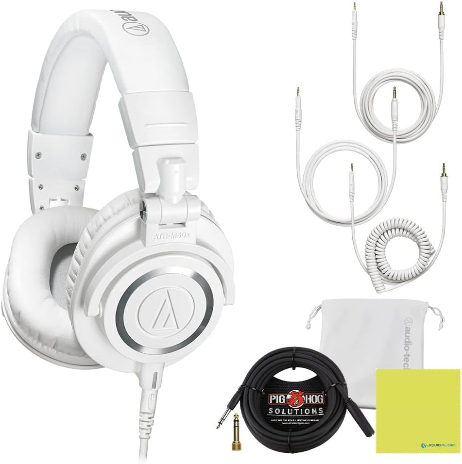 Audio Technica ATH-M50X White Professional Studio Monitor Headphones Wired Bundle with 3 Detachable Cables, 25ft Headphone Extension Cable, Adapter, Pouch and Instrument Polishing Cloth