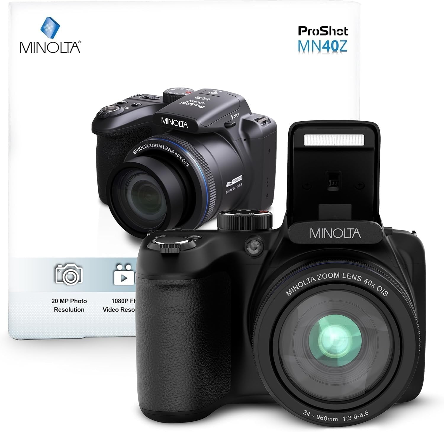 Minolta MN40Z 20MP Digital Camera – 40x Optical Zoom, 1080p FHD Video, 3.0" LCD, Wi-Fi, Face/Smile/Blink Detection – Black