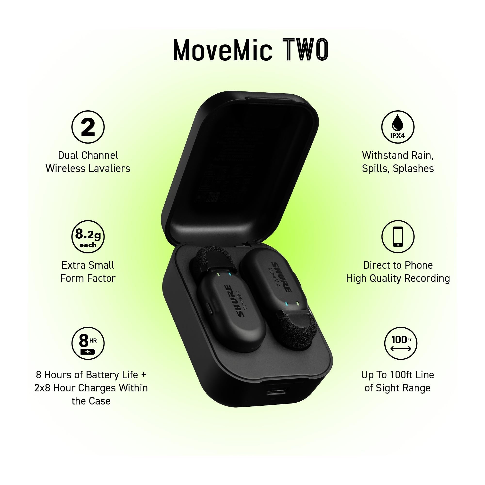 Shure MoveMic One - Pro Direct to Phone Wireless Lavalier Microphone for iPhone & Android, Bluetooth Mini Mic, 24 Hours Charge, Quick Set Up, IPX4, Compact & Portable Clip Lav (MV-ONE-Z7)