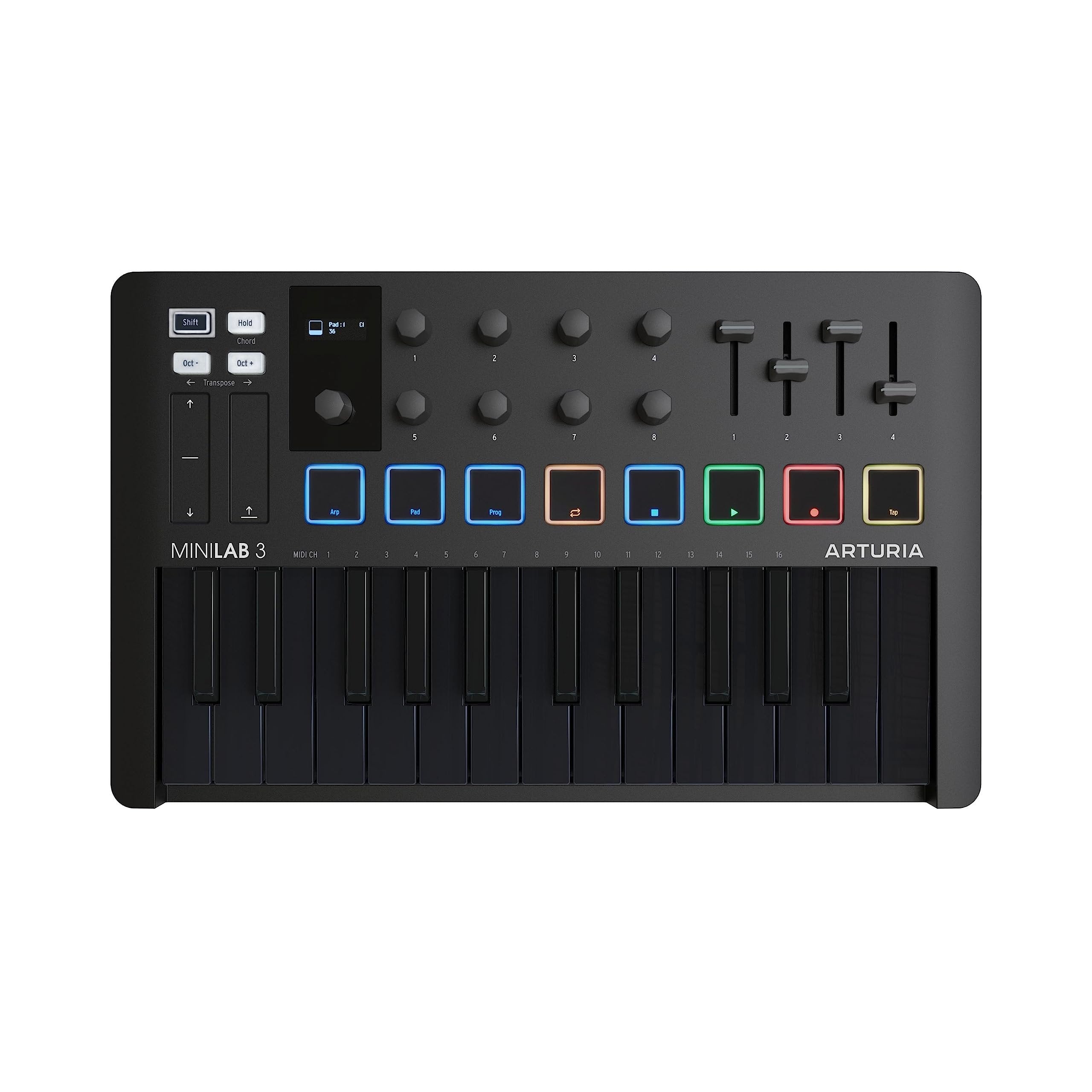 Arturia MiniLab 3, 25 Slim-Key USB-C Midi Controller with 5-Year Warranty, 8 Backlit LED Pads, 8 Knobs, 4 Faders, Midi Out, Built-in Arpeggiator, Chord mode and Software Bundle