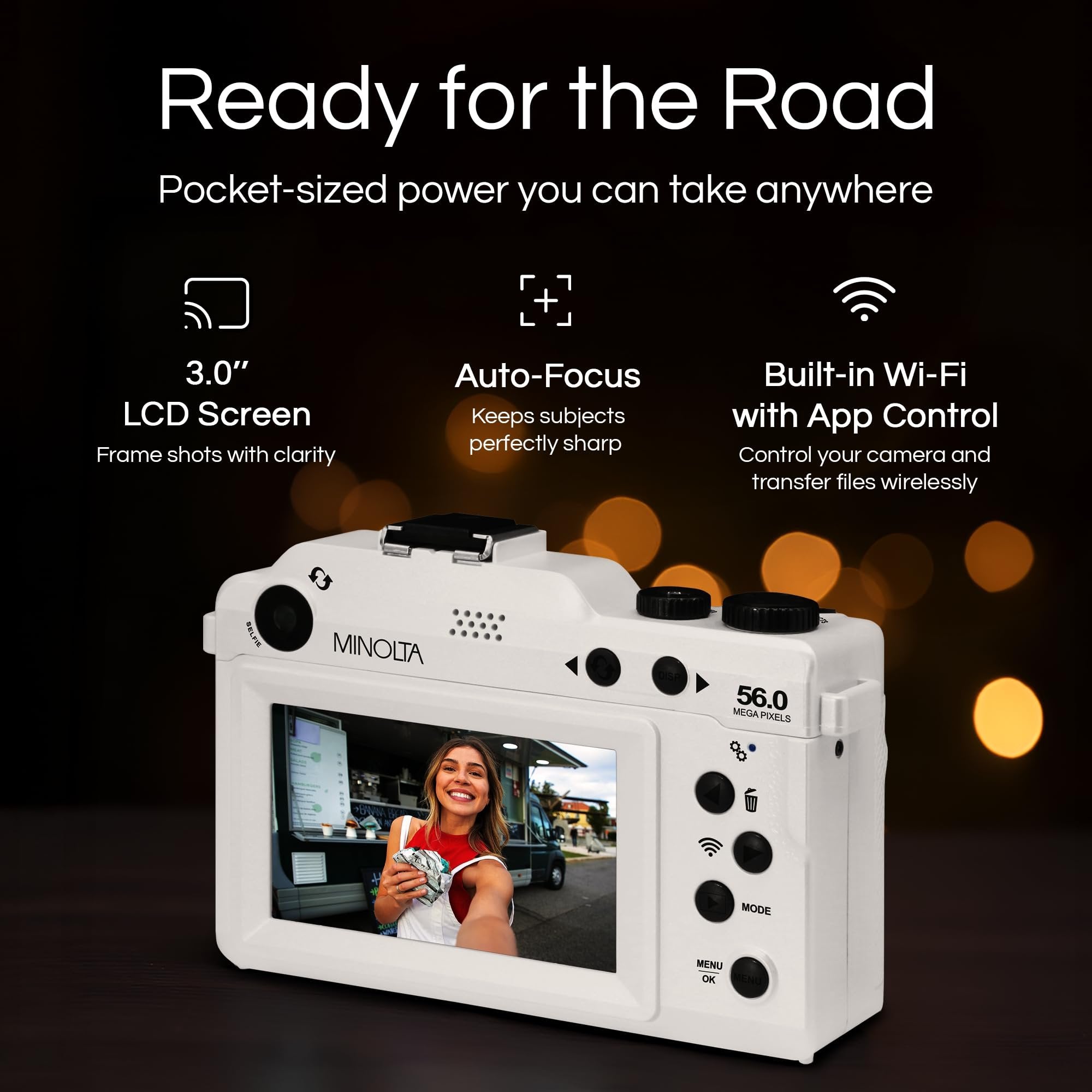 Minolta Digital Camera – 56MP Photos, 4K 60FPS Video, Dual-Lens Selfie Design, 18X Zoom, Wi-Fi, RAW/JPEG Capture, 3” LCD, Compact Travel Camera (Black)