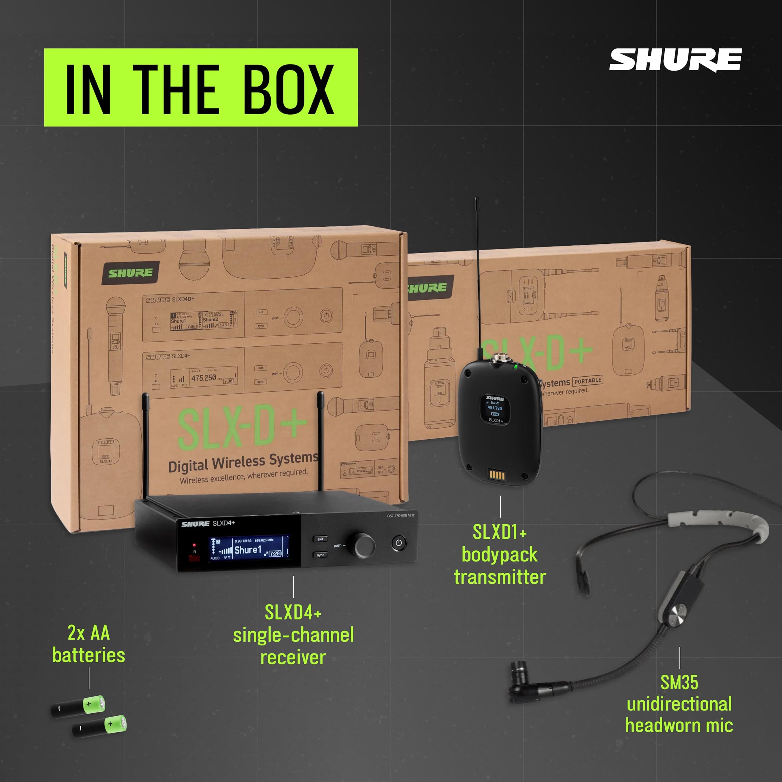 Shure SLXD14+/SM35 Wireless System - Includes SLXD4+ Receiver, SLXD1+ Bodypack Transmitter with SM35 Headset Mic, Bluetooth Monitoring, Feedback Reduction, WWB and Mobile App Control, G57 Band