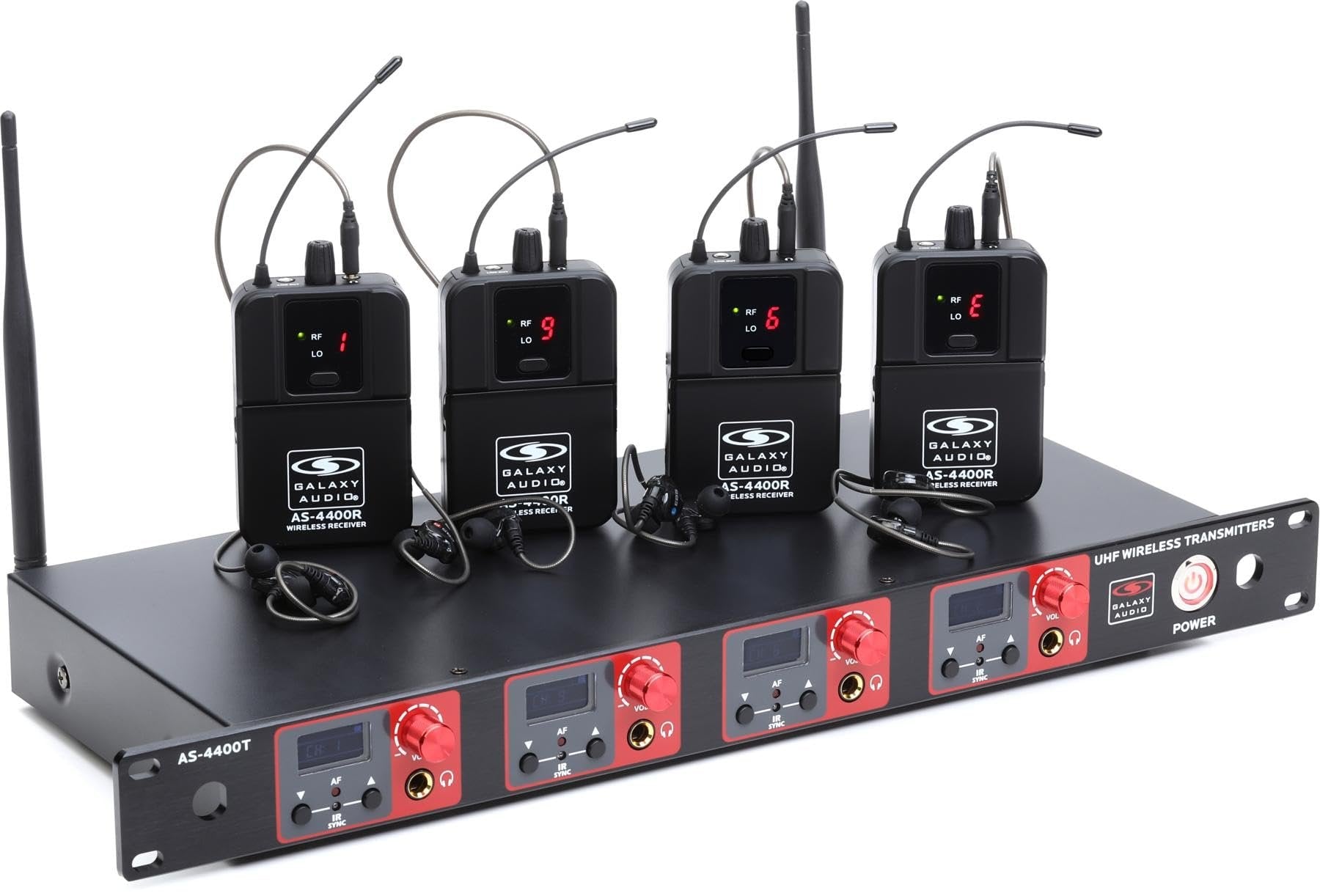 Galaxy Audio AS-4400 Quad UHF Wireless in-Ear Monitoring System - M3 (506MHz-534MHz) | Rackmount Quad Transmitter, 16 Selectable Channels, 4 Bodypack Receivers, and 4 Earbud Sets for Professional