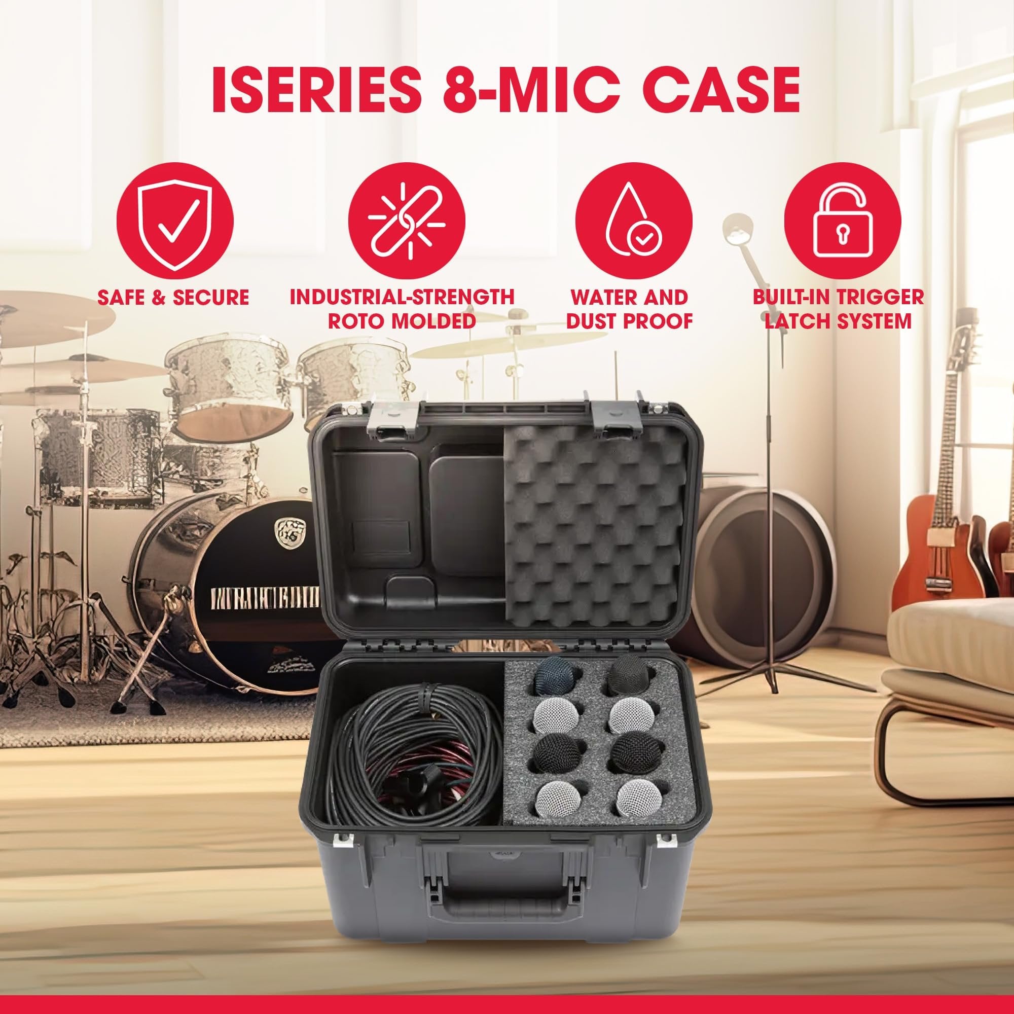 SKB iSeries Microphone Hard Case, Waterproof Polypropylene Shell with 8-Slot Foam Interior, Cable Storage and Wheels for Mic System Protection
