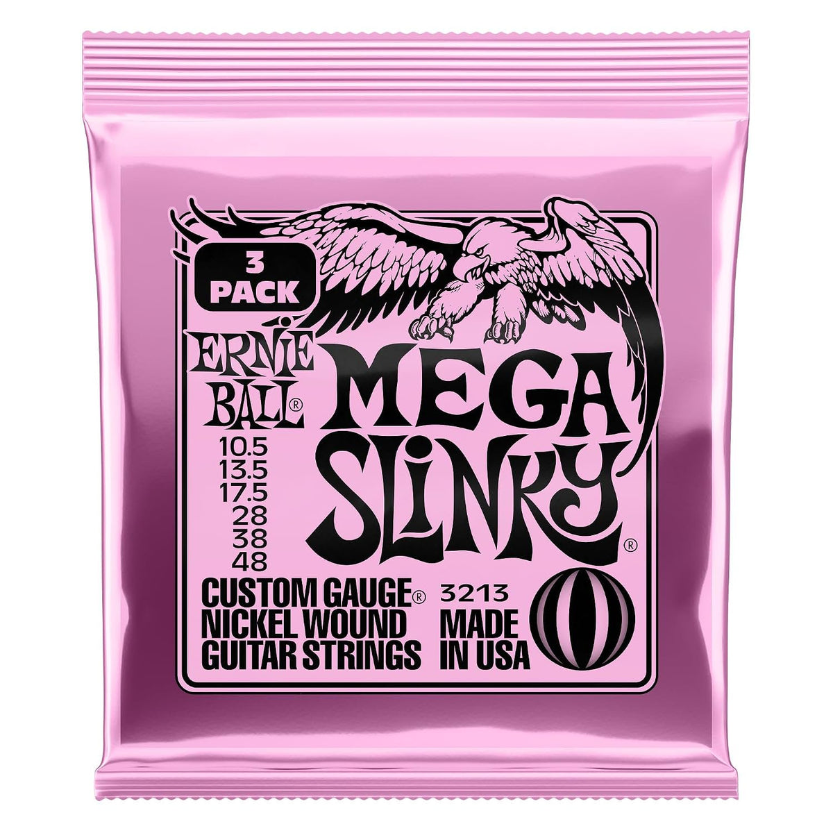 Ernie Ball Mega Slinky Nickel Wound Electric Guitar Strings 3-pack, 10.5-48 Gauge (P03213)