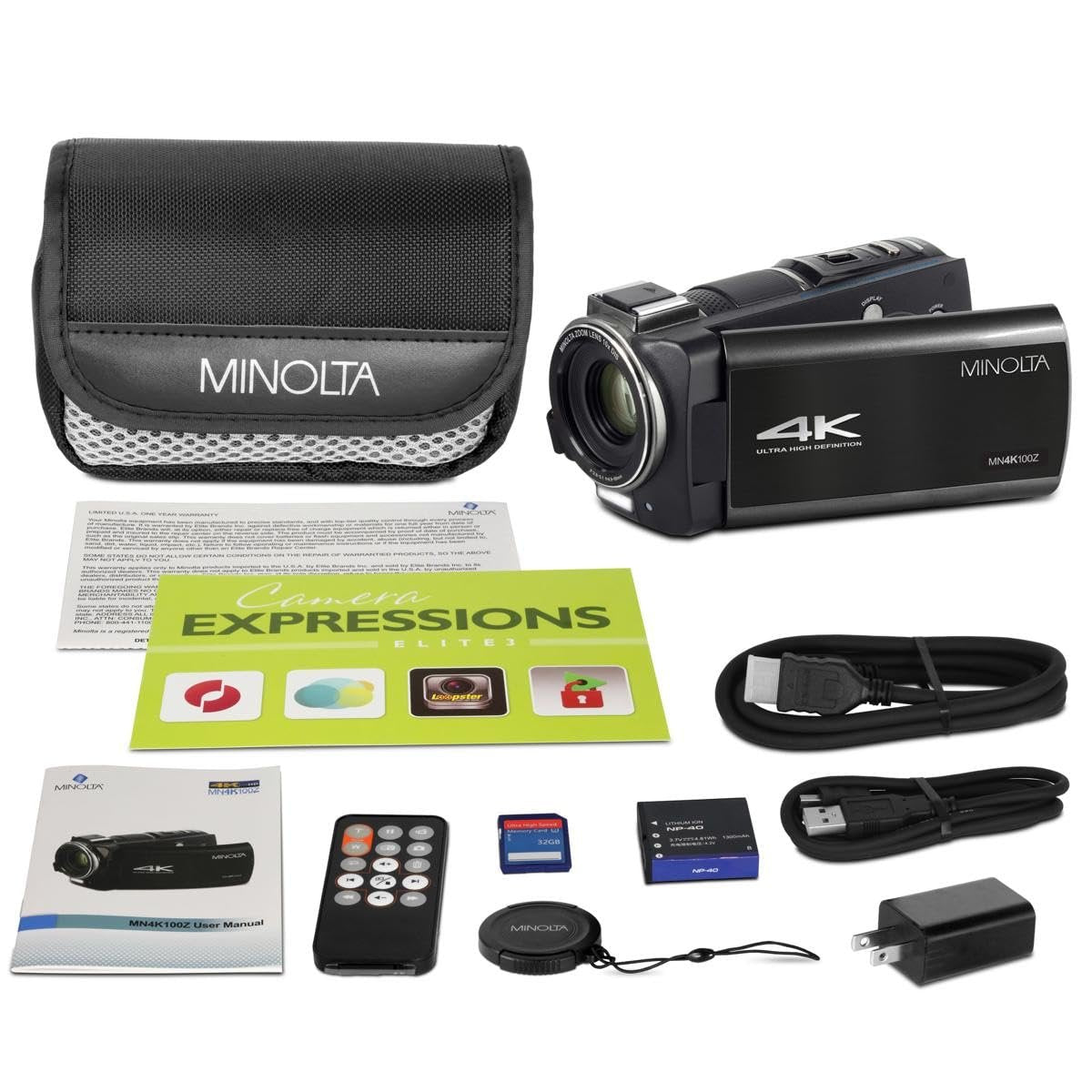 Minolta 4K Ultra HD Camcorder with 3.5-inch Touchscreen – 10x Optical Zoom, 28MP Photos, Digital Stabilizer, Accessory Shoe Mount, Time Lapse, Face Detection, 32GB Card, Remote Control (Black)