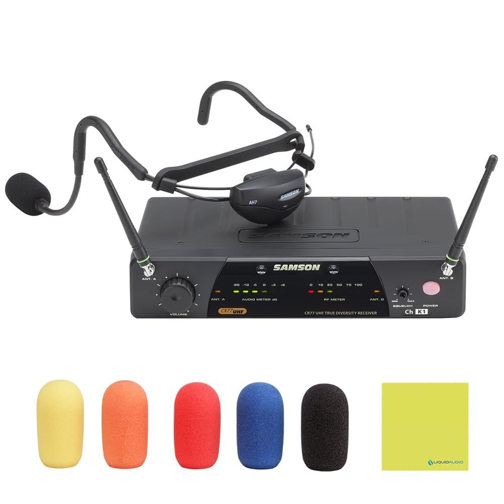 Samson Airline 77 AH7 Fitness Headset Wireless System Channel K2 (490.975 MHz) Bundle with 5 Windscreens and Polishing Cloth – Fitness Instructor Microphone Headset System