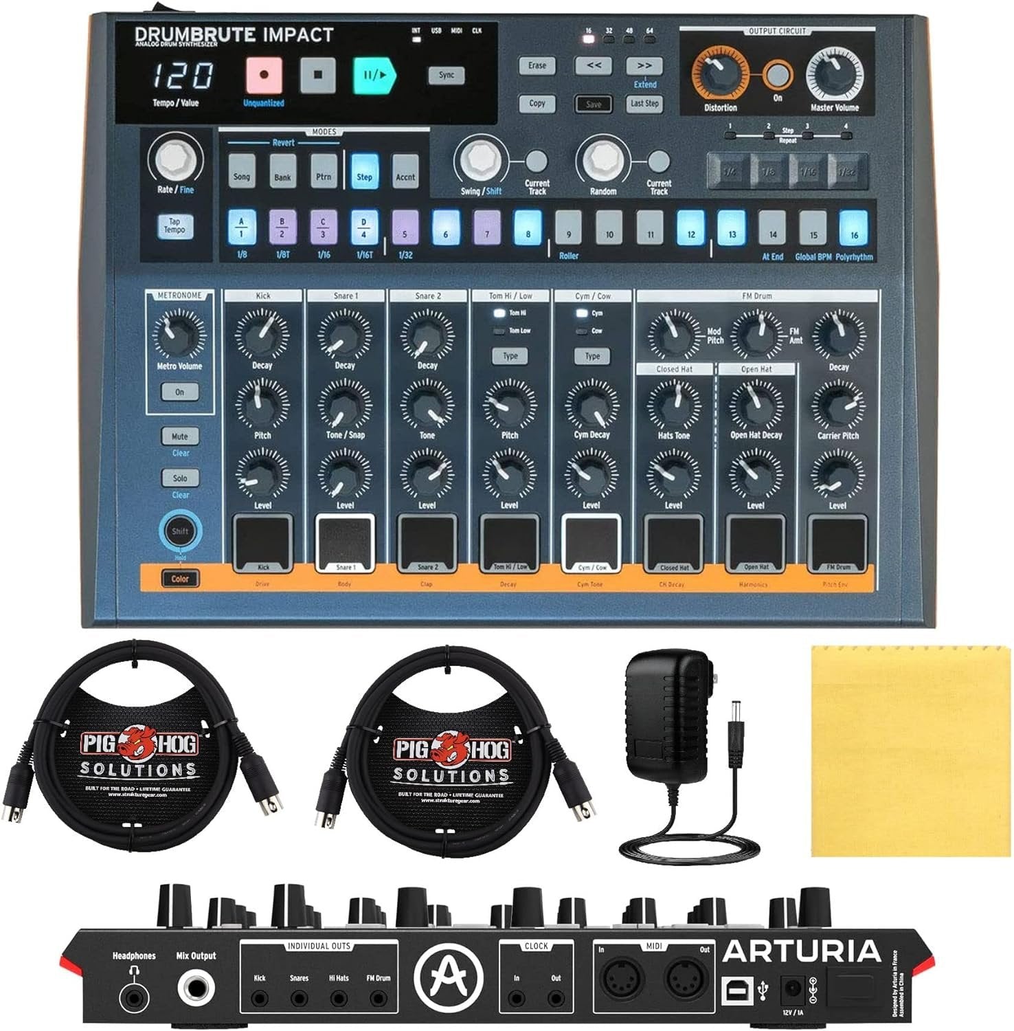 Arturia DrumBrute Impact Analog Drum Machine BUNDLE with 2x Pig Hog MIDI Cable 6ft, Power Supply, and Polishing Cloth - Beat Making Equipment with 10 Drum Sounds, 64 Patterns with 64 Steps