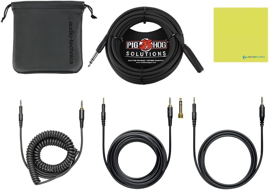 Audio Technica ATH-M50X Professional Studio Monitor Headphones Ice Blue Bundle w/Pig hog 25’ Extension Cable & Liquid Polishing Cloth with Detachable Cable