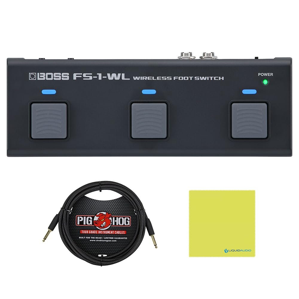 Boss FS-1-WL Bluetooth Wireless Footswitch Bundle with 10ft Pig Hog "Black Woven" Instrument Cable & Polishing Cloth – Compact Wireless Control for Guitar & Bass