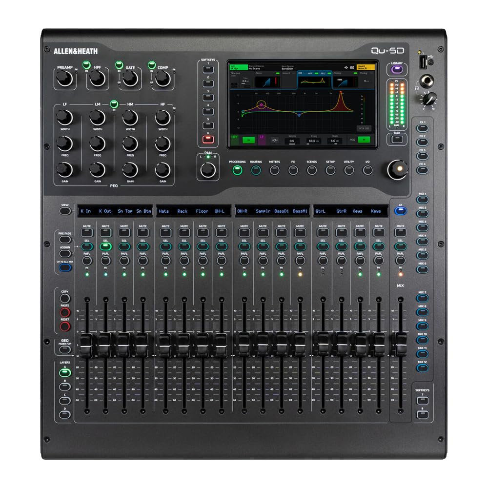 Allen & Heath Qu-5D 38-Channel Digital Mixer with Dante, 96kHz XCVI Core, 6 Multi-FX Engines, 7" Touchscreen, Motorized Faders, USB-C Interface & SD Recording