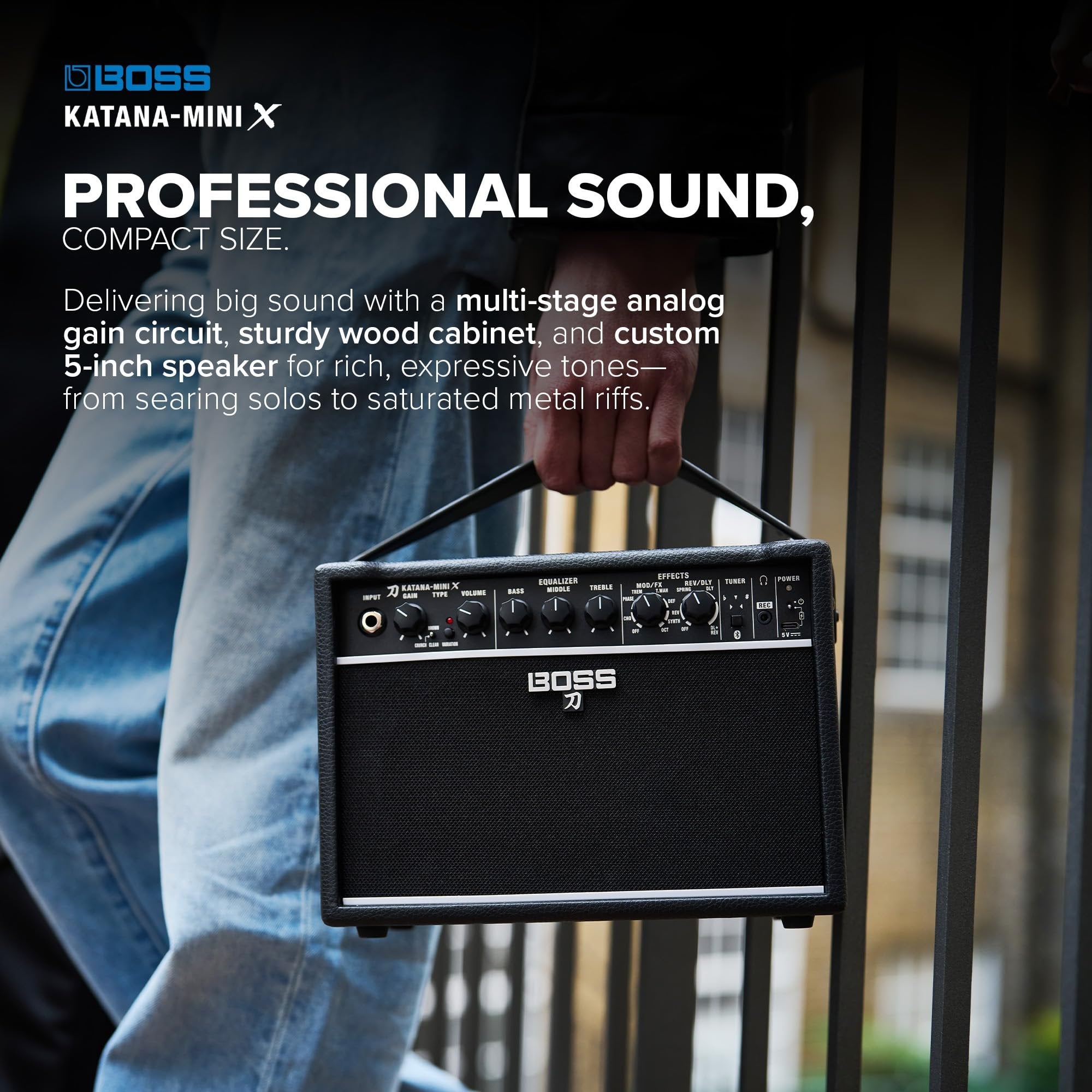 BOSS Katana-Mini X | Powerful 10-Watt Mini Amplifier for Electric, Acoustic & Bass | Tube Logic Design | Custom 5” Speaker | Versatile Sounds & Dual Effects | Bluetooth | Built-in Rechargeable Battery