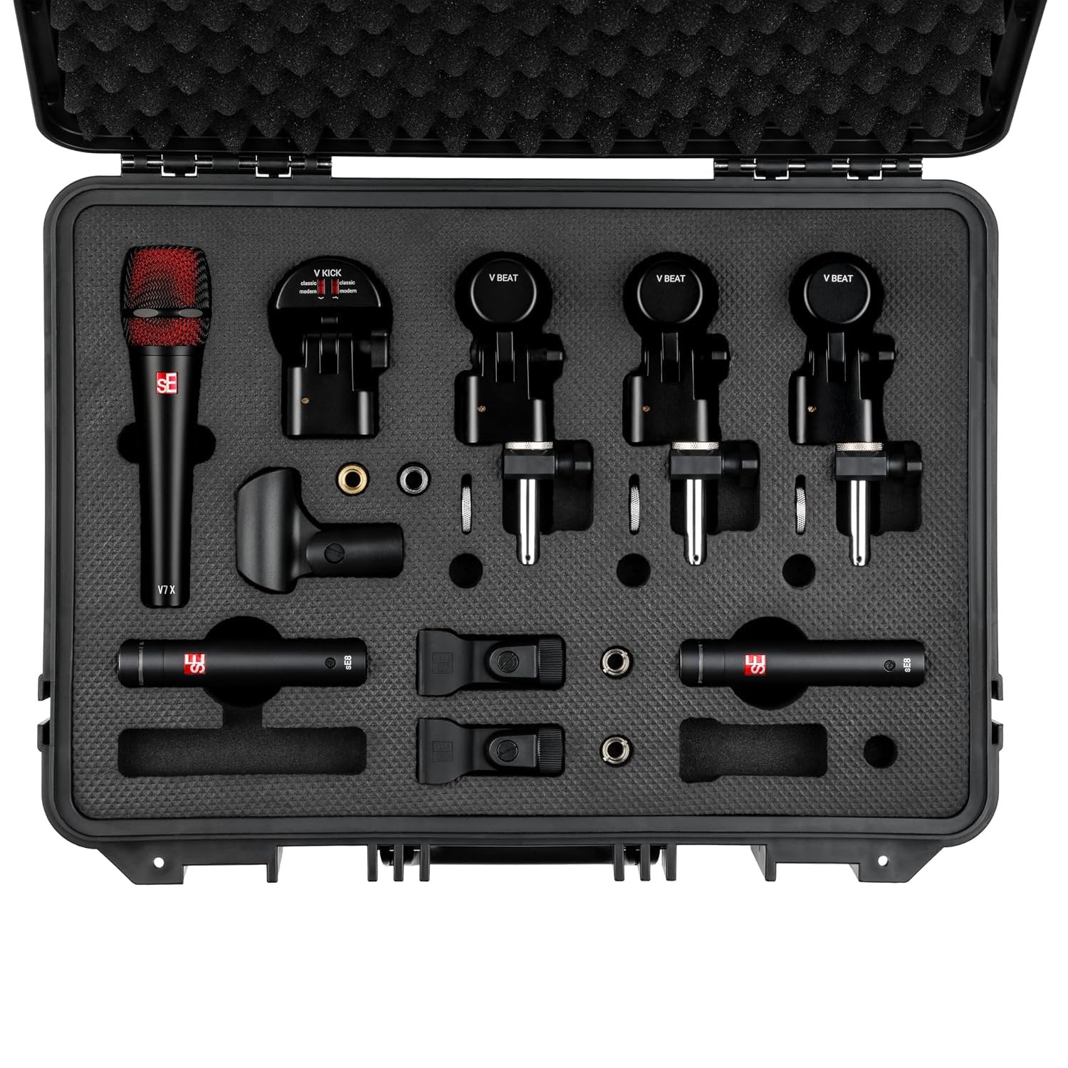 SE ELECTRONICS V Pack Arena Black Drum Mic Kit for Toms, Snares & Bass Drums - Includes 1 V Kick, 3 V Beats, 3 V Clamps, 1 V7 X Instrument Microphone, 2 sE8 Condensers & More