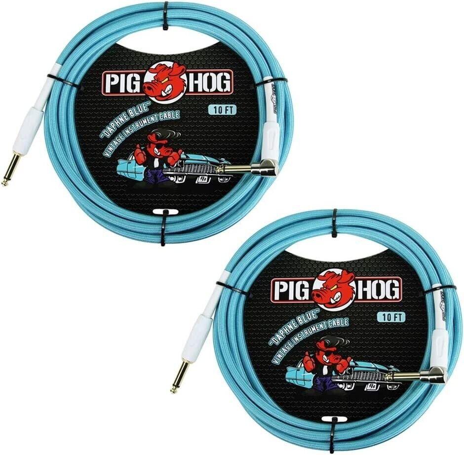 Pig Hog PCH10DBR 10 Feet Instrument Cable, Right-Angle, Daphne Blue (2 Pack)