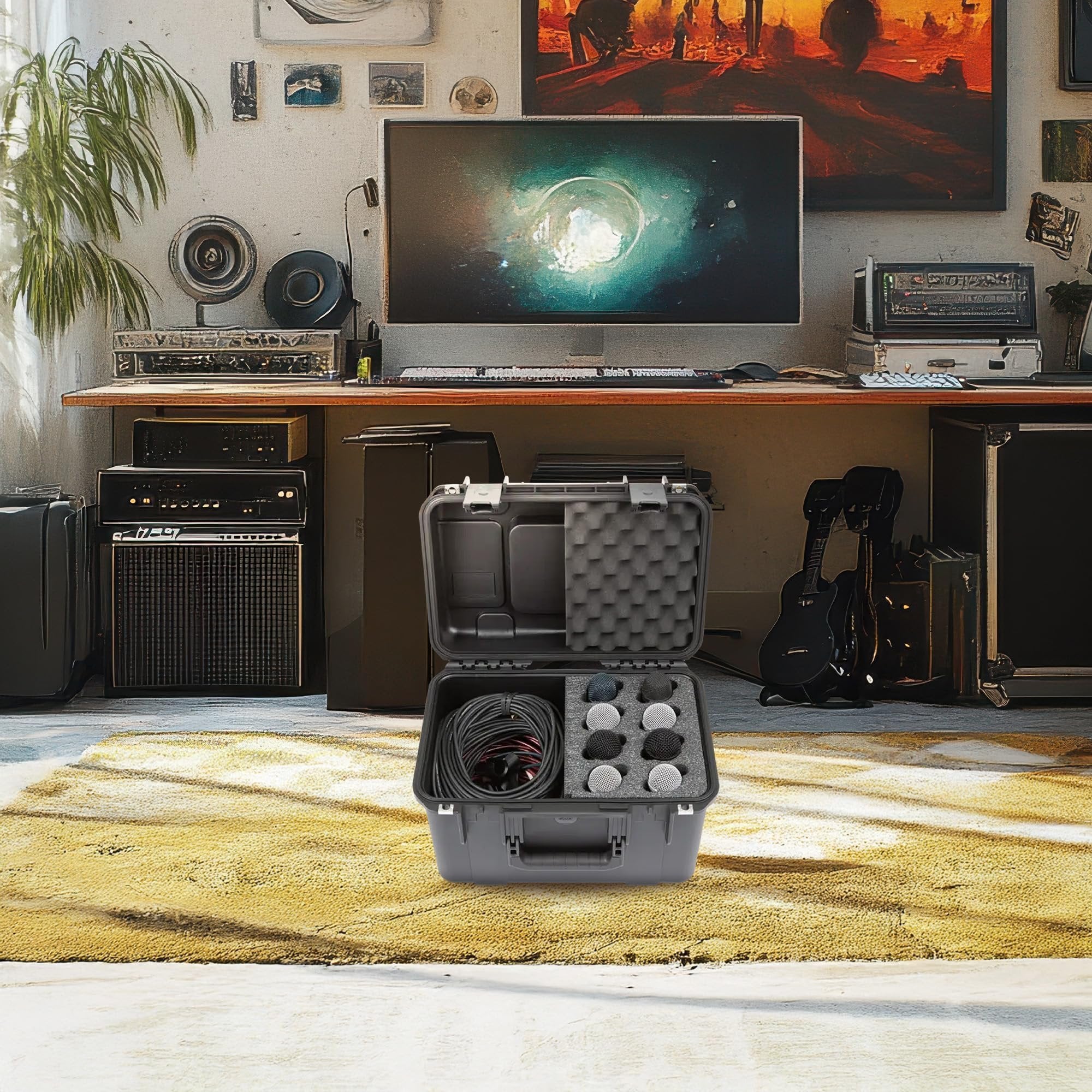 SKB iSeries Microphone Hard Case, Waterproof Polypropylene Shell with 8-Slot Foam Interior, Cable Storage and Wheels for Mic System Protection