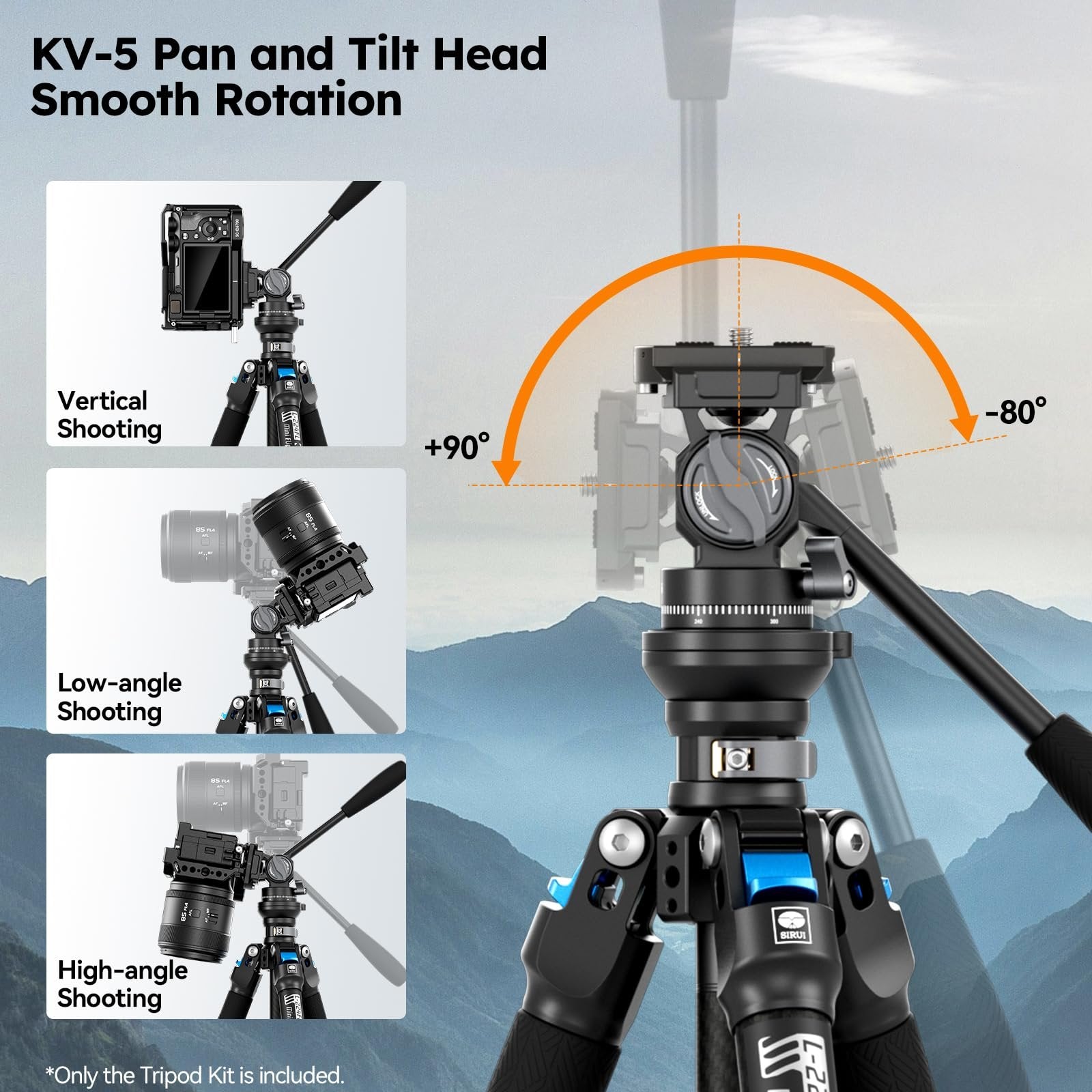 SIRUI Carbon Fiber Travel Tripod with Fluid Head, 60" Lightweight Compact Tripod for Cameras, Quick Mini Flip Locks, Reversible Center Column, Max Load 11lbs (L-224FL+KV-5)