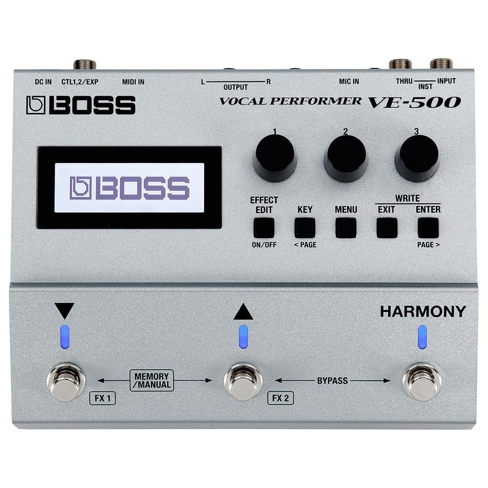 BOSS VE-500 Vocal Performer Effects Pedal Bundle with 2x 6" Patch Cables Right Angle, 12x Guitar Picks & Polishing Cloth – Vocal Multi-Effects Processor with Harmony, Reverb & Pitch Correction