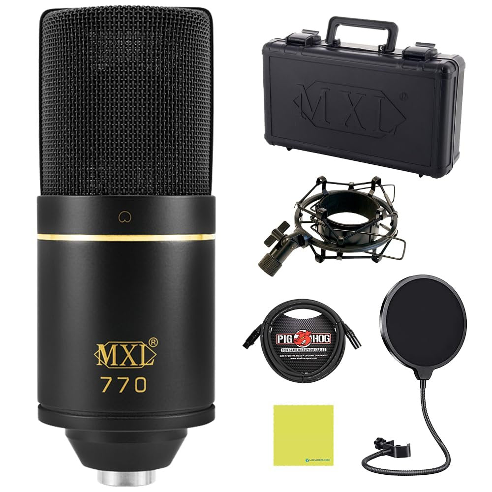 Liquid Audio MXL 770 Cardioid Condenser Instrument Microphone Bundle w/Pig Hog PHM10 8mm Mic Cable, Pop Filter Polishing Cloth
