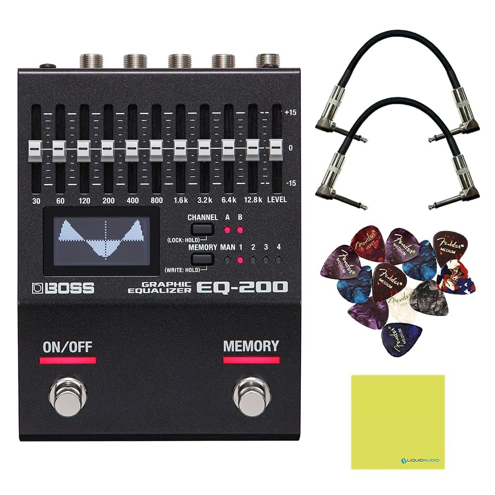 BOSS EQ-200 Graphic Equalizer Pedal Bundle with 2x 6" Right Angle Patch Cables, 12 Guitar Picks & Polishing Cloth – Dual-Channel 10-Band EQ with Memory, Stereo I/O & Graphic Display