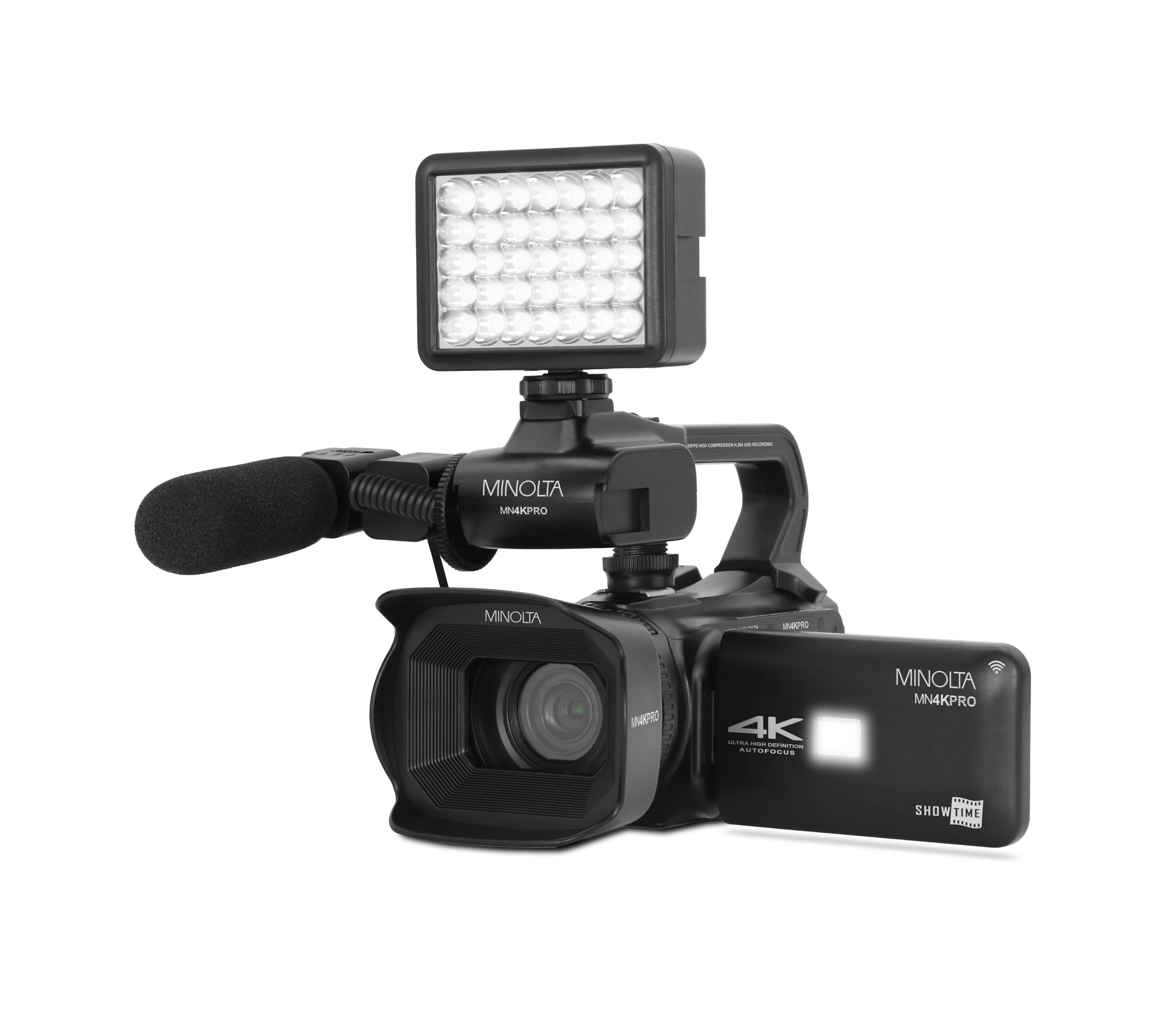 Minolta 64MP Autofocus Video Camera with Microphone & Video Light, 4" Touchscreen, 4K Ultra HD Video, 18x Digital Zoom, WiFi, Stabilizer, 32GB Card, 3100mAh Battery, Carrying Bag (Black)